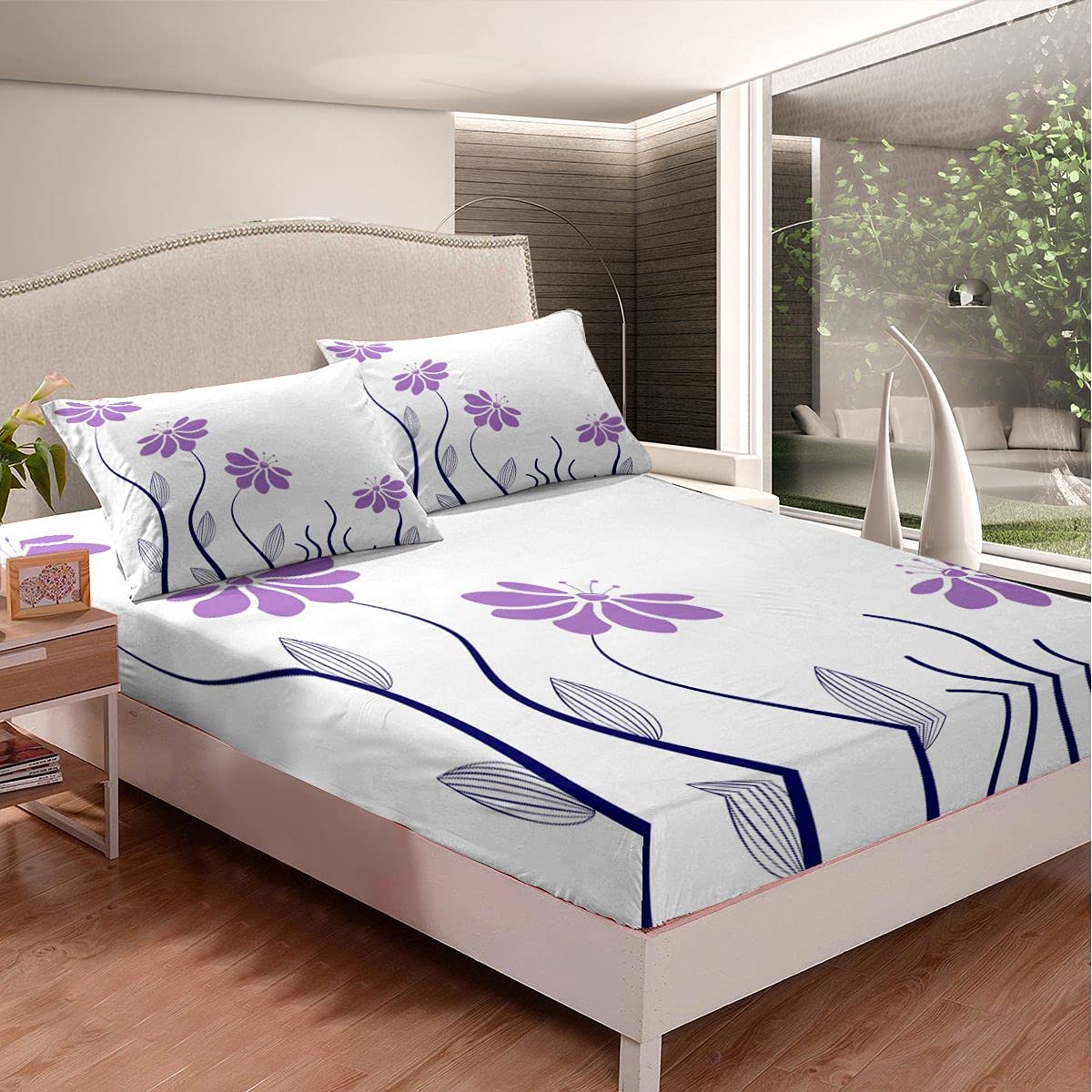 Modern Daisy Floral Bed Sheet Set with Striped Leaves & Geometric Lines - 3Pcs Queen Size Purple Fitted Sheet for Bedroom Decor | Soft & Breathable Cotton Blend for Comfortable Sleep & Guest Room Styling