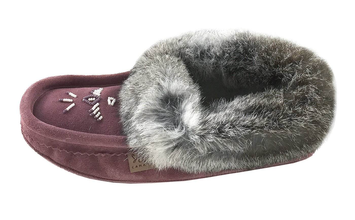 Laurentian Chief Women's Suede Moccasin Slippers with Rabbit Fur Collar - Soft Sole Indoor/Outdoor House Shoes for Winter Comfort & Cozy Home Wear