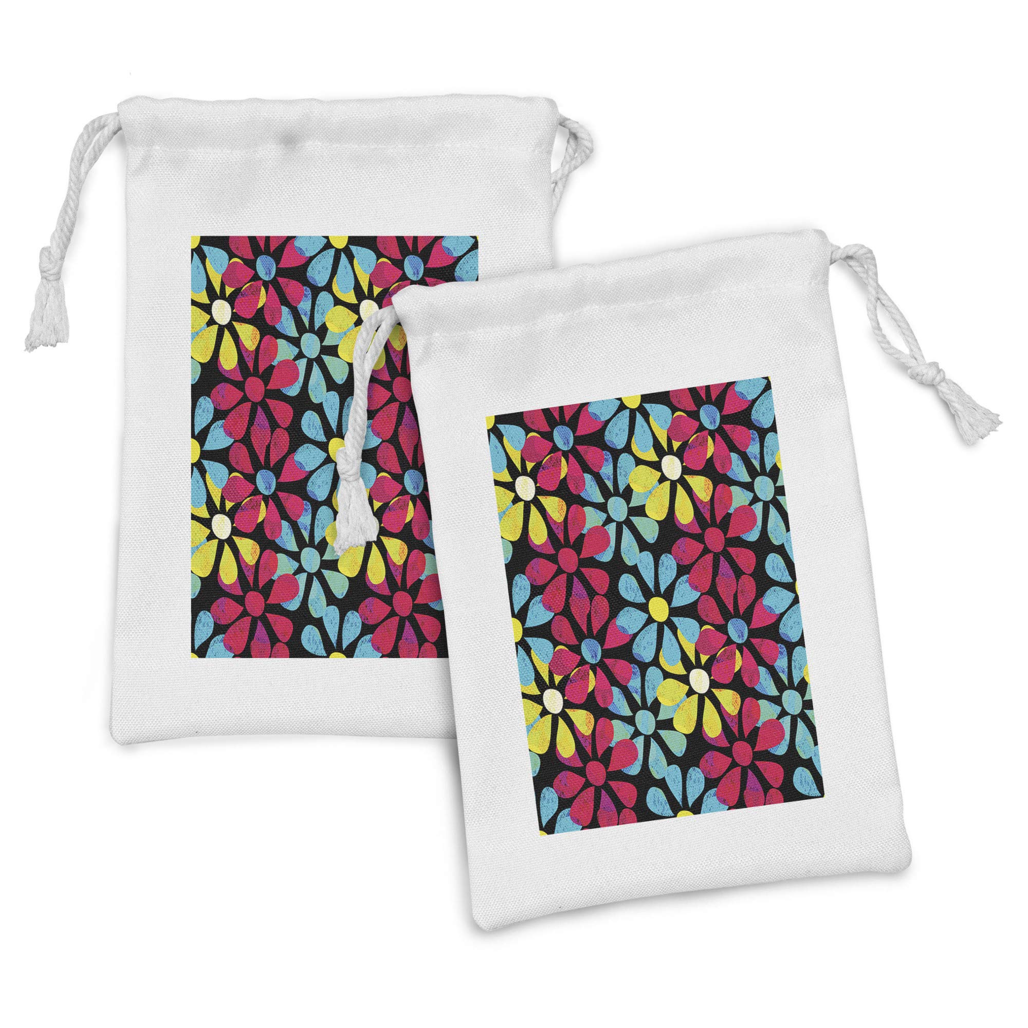 Ambesonne Floral Fabric Pouch Set of 2 - Colorful Flower Design Drawstring Bags for Toiletries, Makeup, Jewelry & Travel Accessories | 9