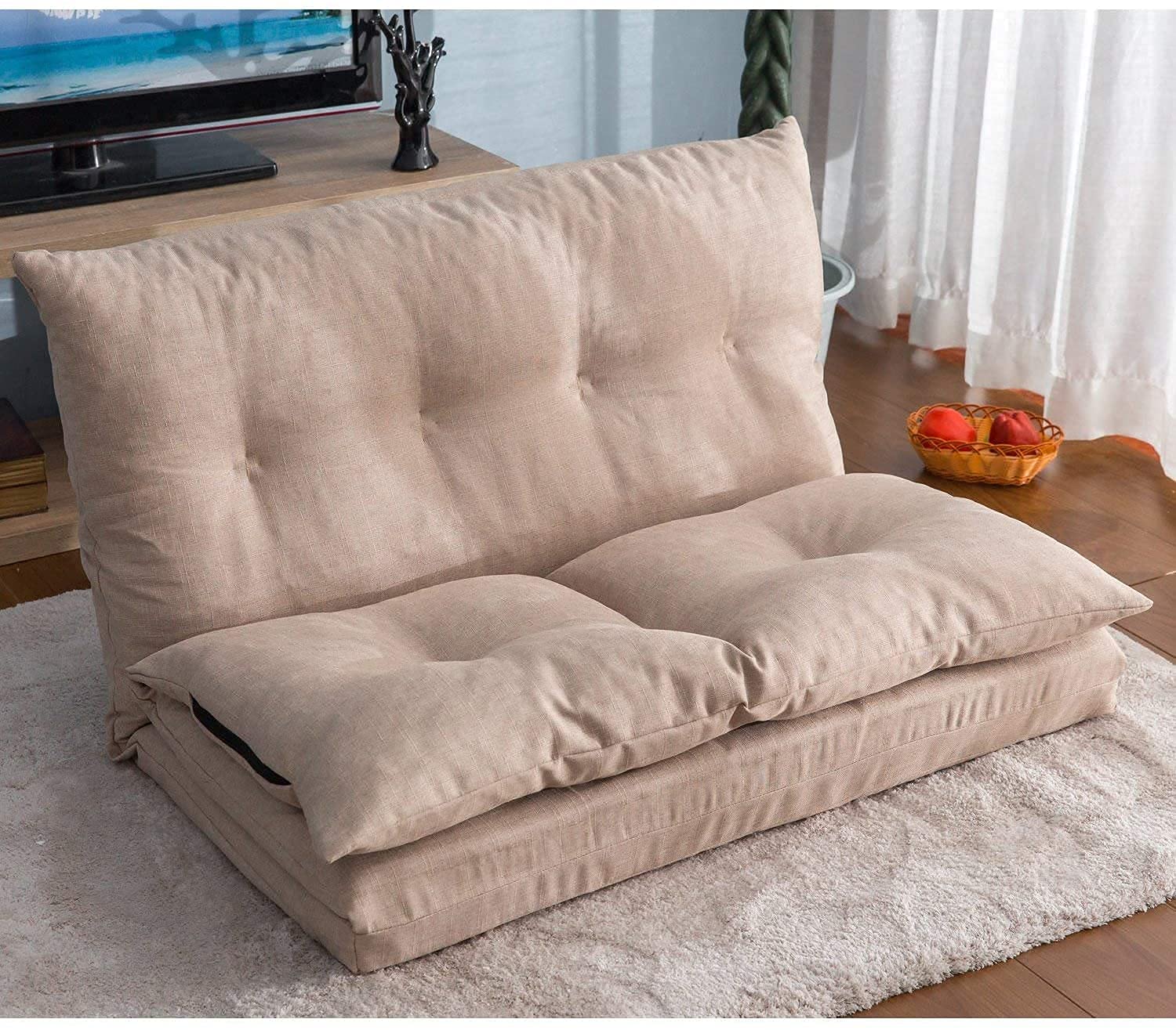 TOEIGEYNR Adjustable Folding Lounge Sofa Bed - 5-Level Reclining Double Chaise, Upholstered Floor Gaming Chair for Living Room, Bedroom, Dorm & Balcony | Perfect for Relaxing, Gaming & Small Space Living (Beige)