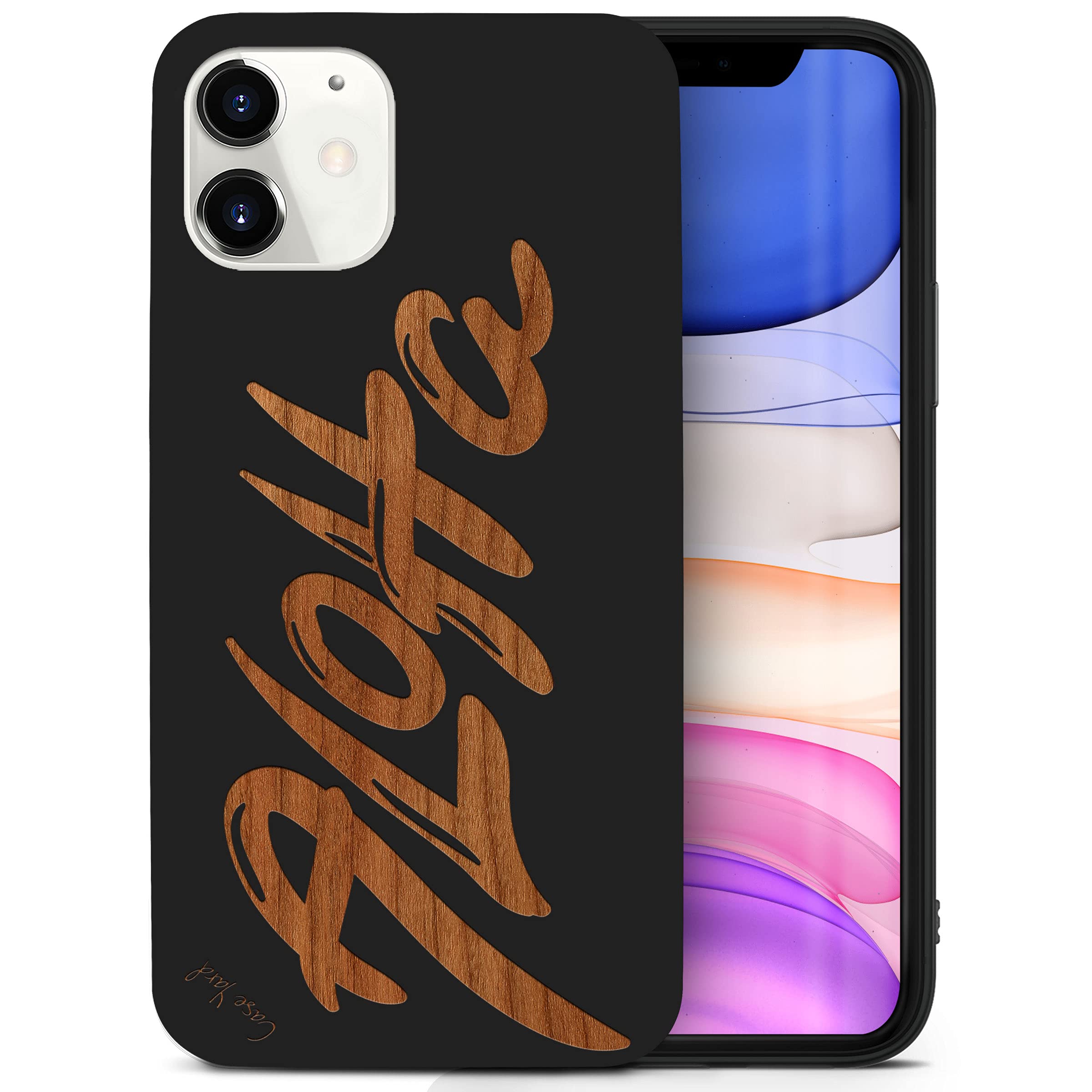 CaseYard Wooden iPhone 12 Mini Case - Laser Engraved Aloha Design in Black | Slim Fit Shockproof Protective Cover for Men & Women | Perfect for Beach Vacations, Outdoor Adventures & Everyday Use