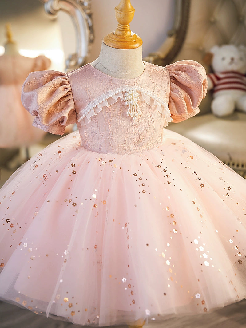 Pink Princess Round Tea Length Satin Flower Girl Dress for Weddings, Flower Girls, and Special Occasions