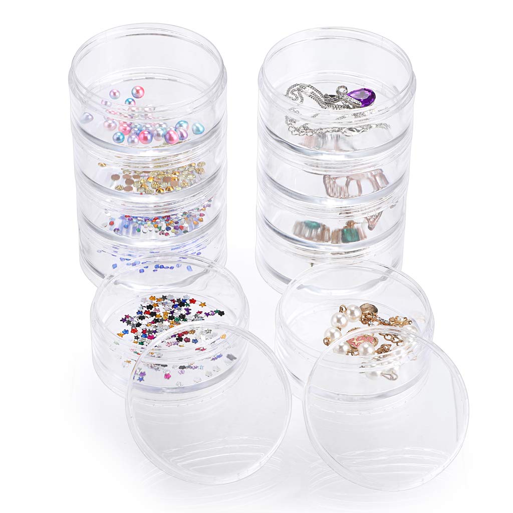 Hipiwe 2 Pack Clear Plastic Round Storage Jars with 5 Compartments - Organizer Box for Jewelry, Beads, Pills, Sewing & Craft Supplies | Perfect for Home, Office & DIY Projects Storage