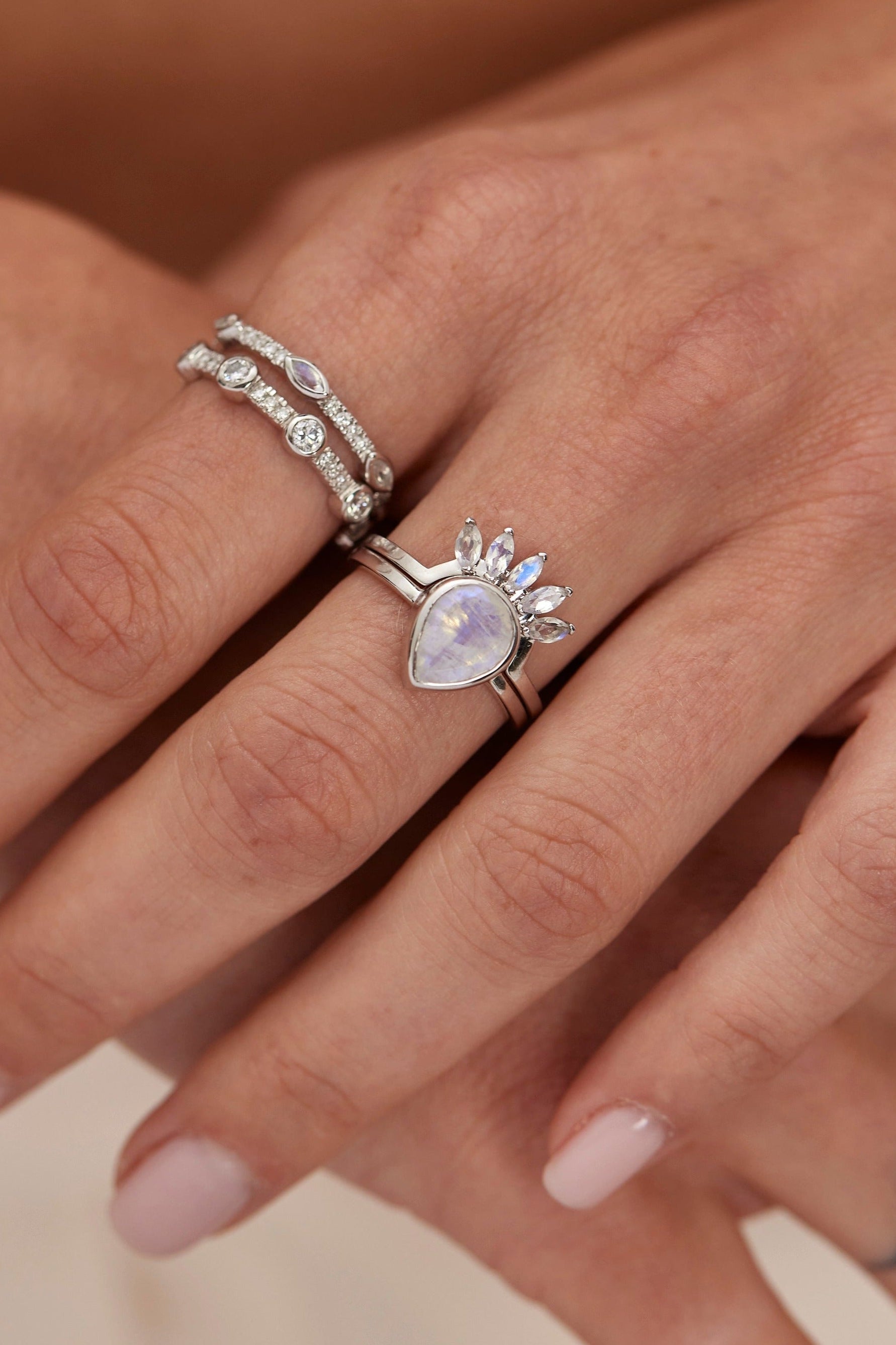 9K White Gold Double Stack Moonstone Halo Ring - Elegant Stackable Jewelry for Women, Perfect for Weddings, Anniversaries & Special Occasions
