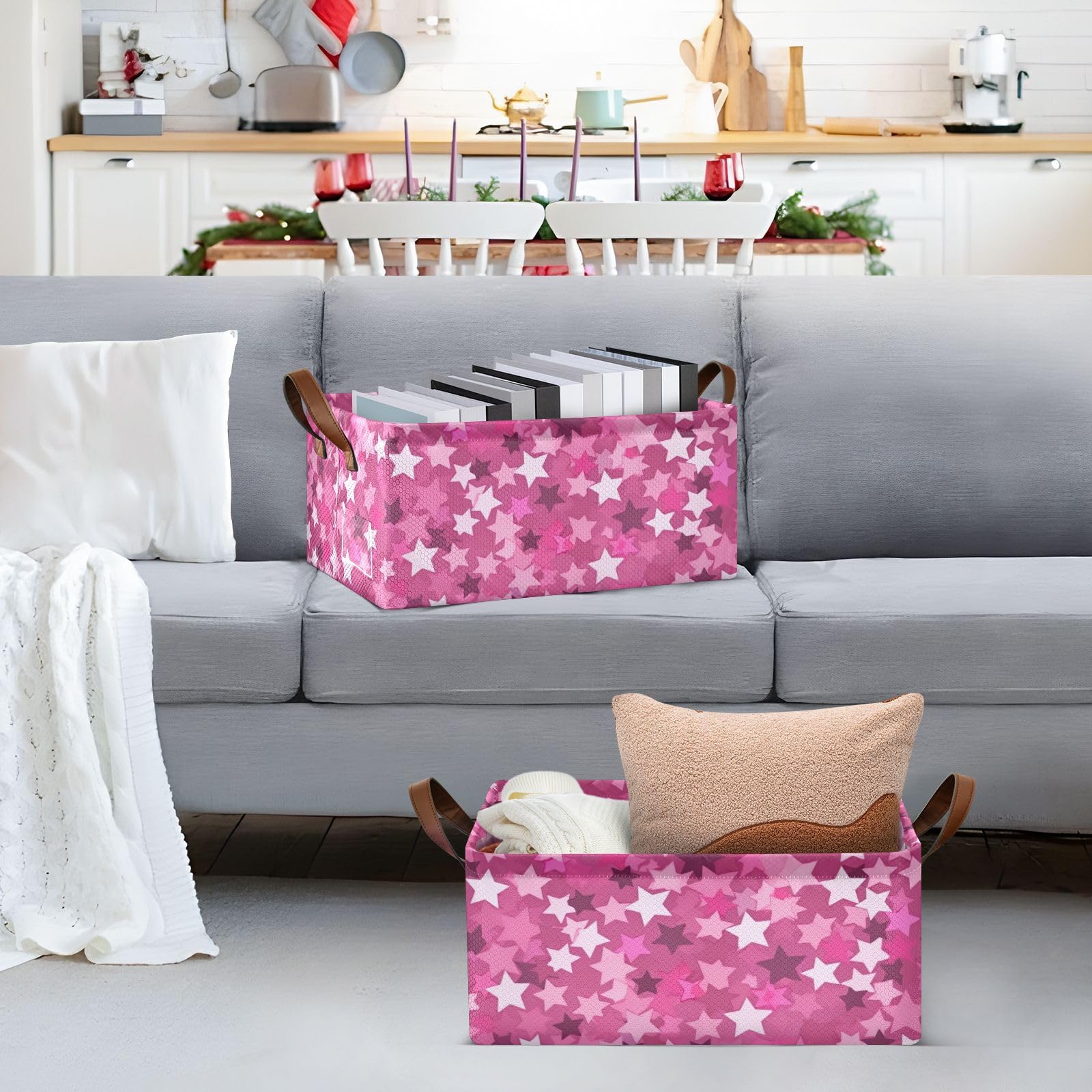 Pink Stars Large Fabric Storage Baskets with Handles - 2 Pack Closet Organizer Bins for Shelves, Home & Office Organization | Perfect for Bedroom, Bathroom & Kids Room Storage