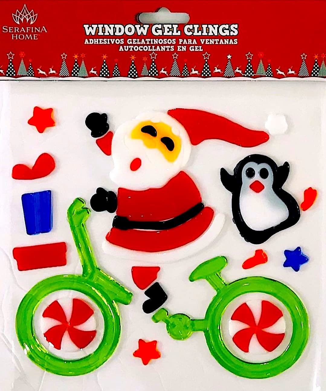 Christmas Gel Cling Stickers for Windows and Mirrors - 6 Sheets of Winter Designs: Santa Biking, Snowmen, Penguins, Snowflakes - Perfect for Home, Office, and Classroom Decor