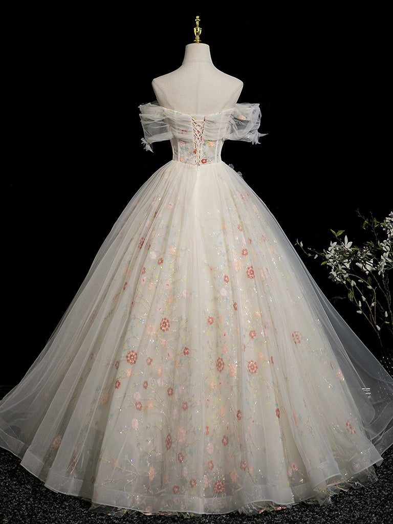 Elegant A-Line Sweetheart Neck Tulle Lace Light Champagne Long Prom Dress with Floral Details - Perfect for Homecoming, Formal Dances & Special Occasions