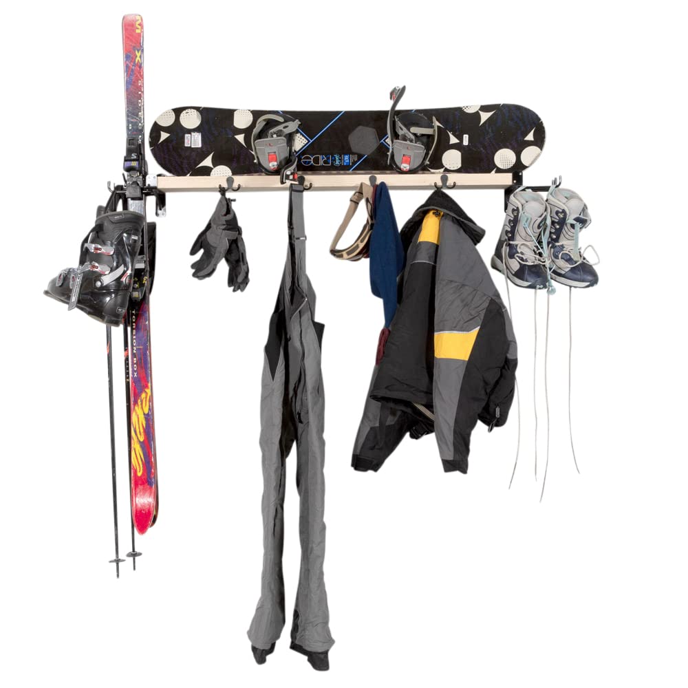 Premium Ski and Snowboard Storage Rack for Garage & Home - Heavy Duty Wall Mounted Ski Shelf with 10 Hooks - Made in USA - Dimensions 8.25