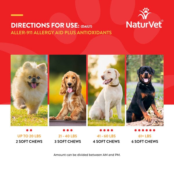 NaturVet Aller-911 Allergy Aid Plus Antioxidants Soft Chews for Dogs - Itchy Skin Relief & Immune Support for Small, Medium & Large Breeds - Perfect for Seasonal Allergies & Daily Wellness