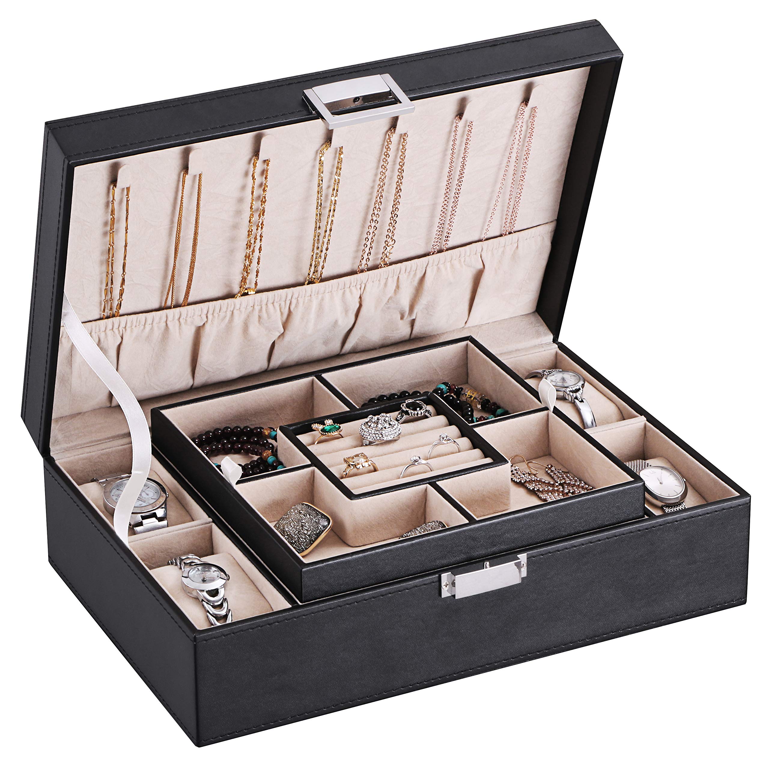 BEWISHOME Men's Jewelry Box Organizer - 4 Watch Case with Removable Tray, PU Leather Jewelry Storage for Necklaces, Earrings, Rings & Bracelets, Black Velvet Lining (SSH07B) - Perfect for Travel, Gifts & Home Organization