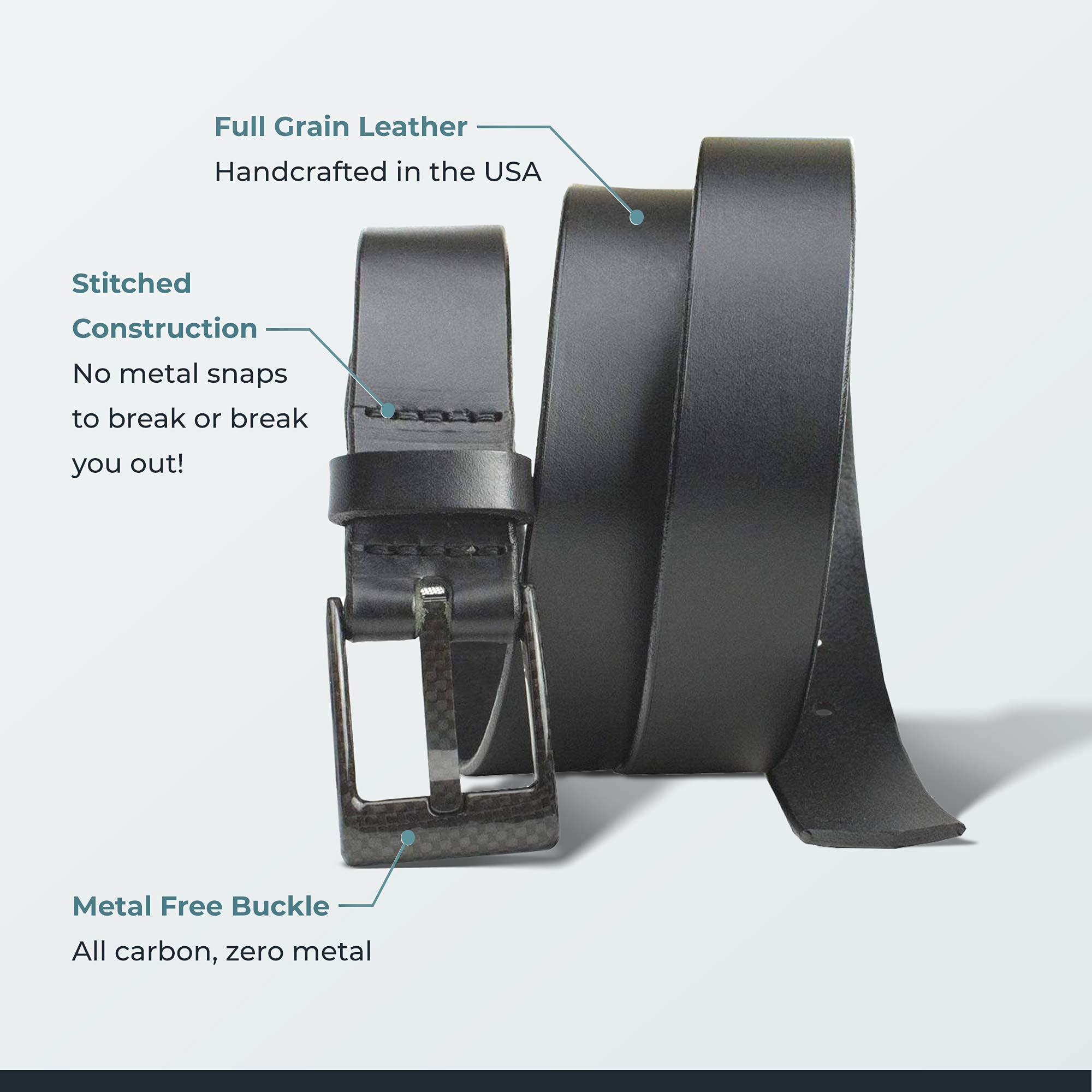 Premium Solid Leather Belt with Carbon Fiber Buckle - USA Made, TSA Friendly, Nickel Free | Stylish & Durable for Business, Travel & Everyday Wear