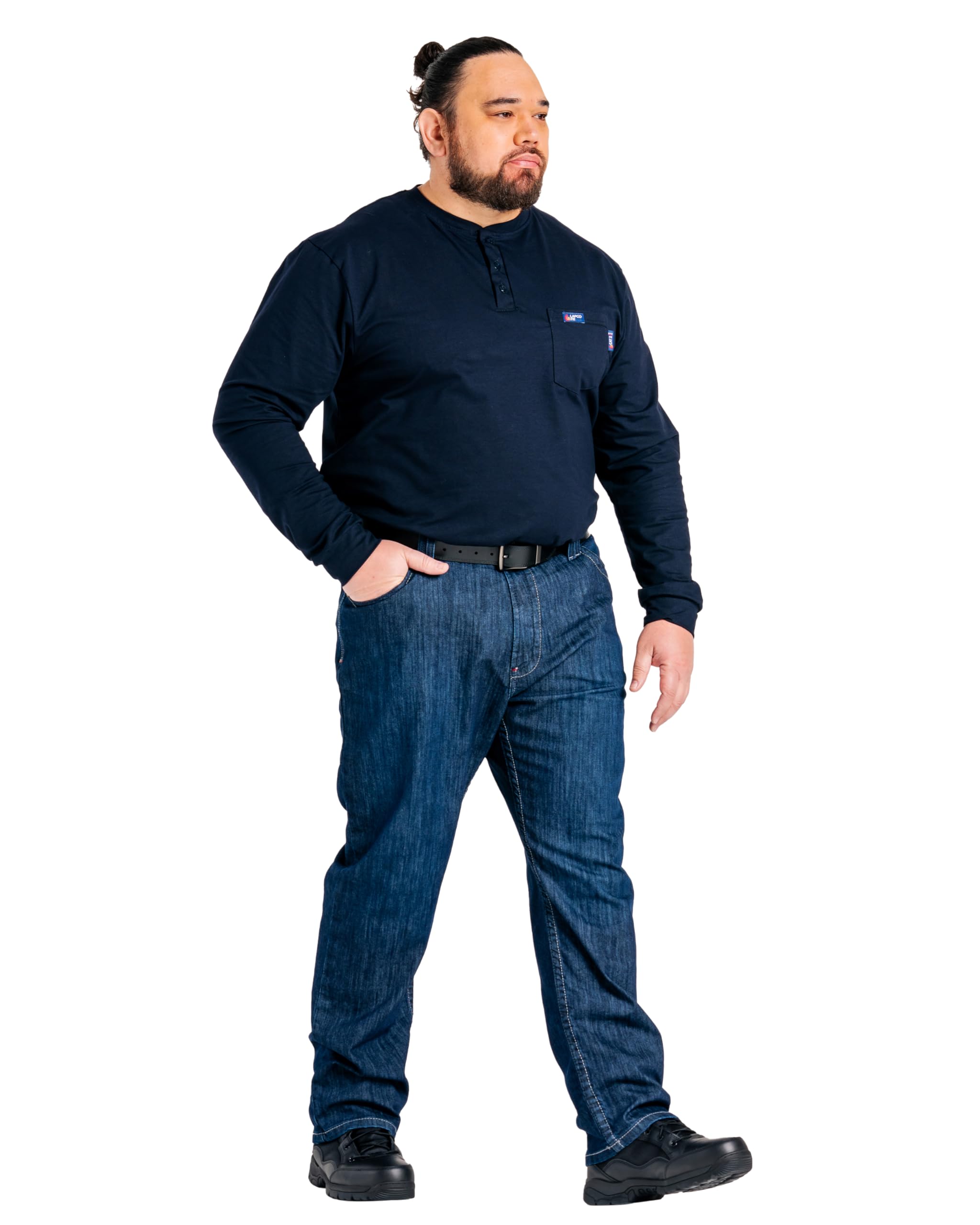 LAPCO FR Men’s Low Rise Flex Jeans - Flame Resistant Stretch Fit Work Pants, Medium Wash Denim for Construction & Industrial Safety