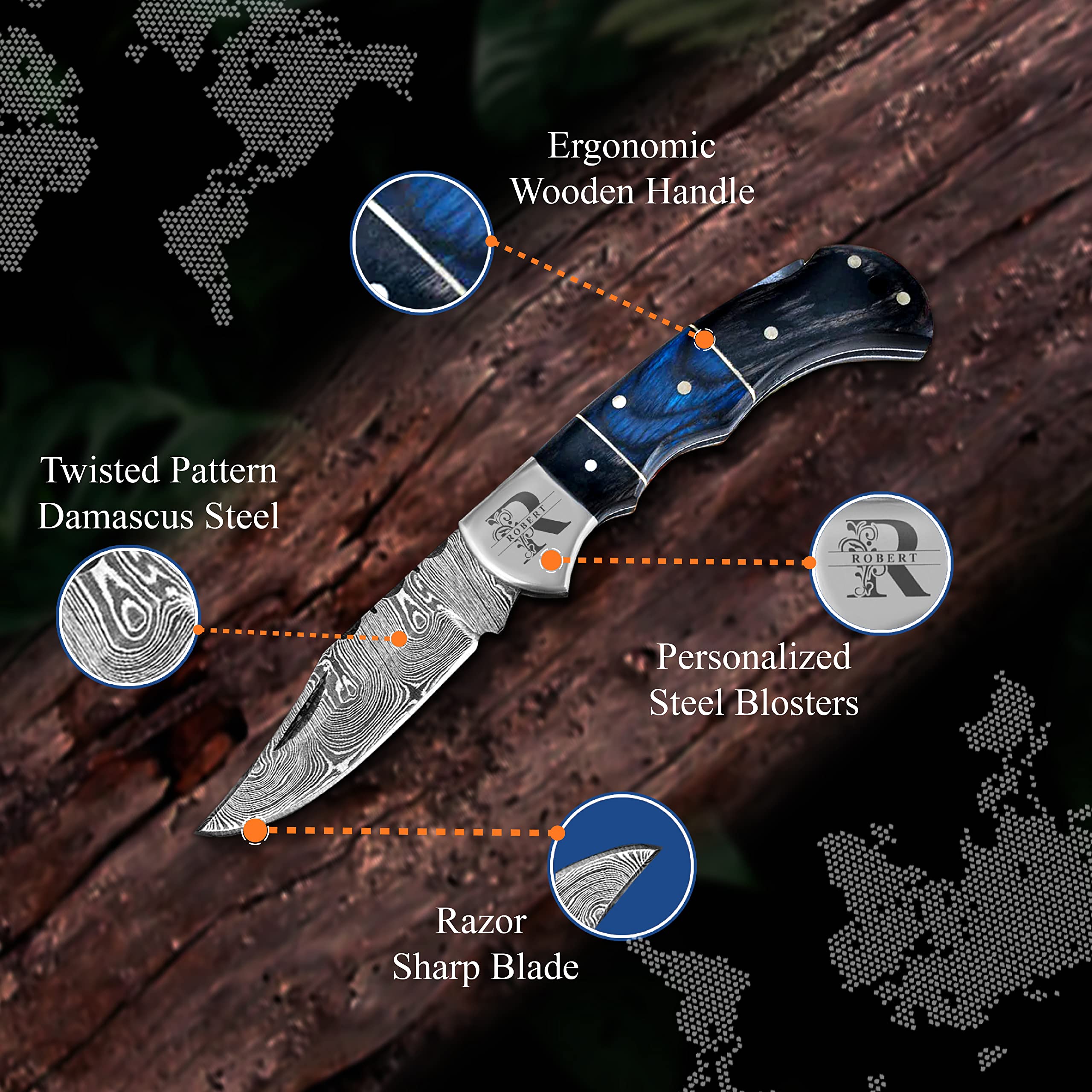 6-Piece Personalized Damascus Steel Pocket Knife Set with Leather Sheaths - Custom Engraved Groomsmen Gifts for Weddings, Proposals & Special Occasions - Perfect for Outdoor Adventures, Camping & Everyday Carry