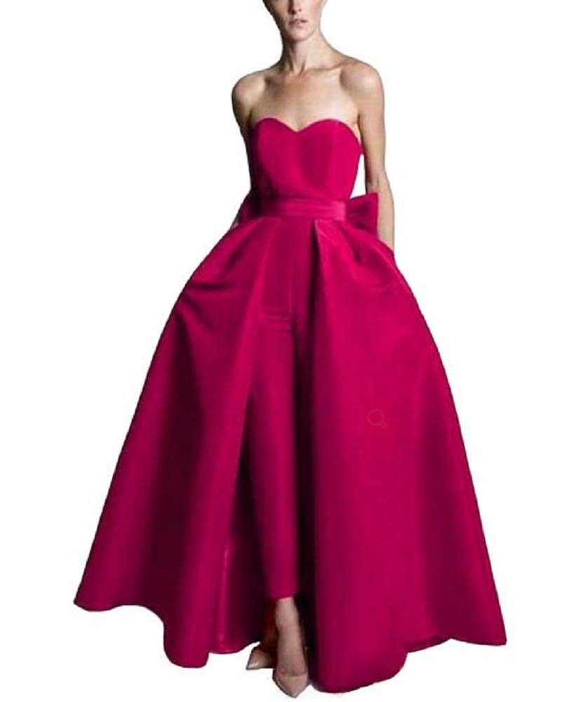 Women's Off Shoulder Jumpsuit Evening Dress with Detachable Skirt - Sweetheart Neckline Satin Prom Gown in Hot Pink | Formal Events, Parties, Weddings & Special Occasions
