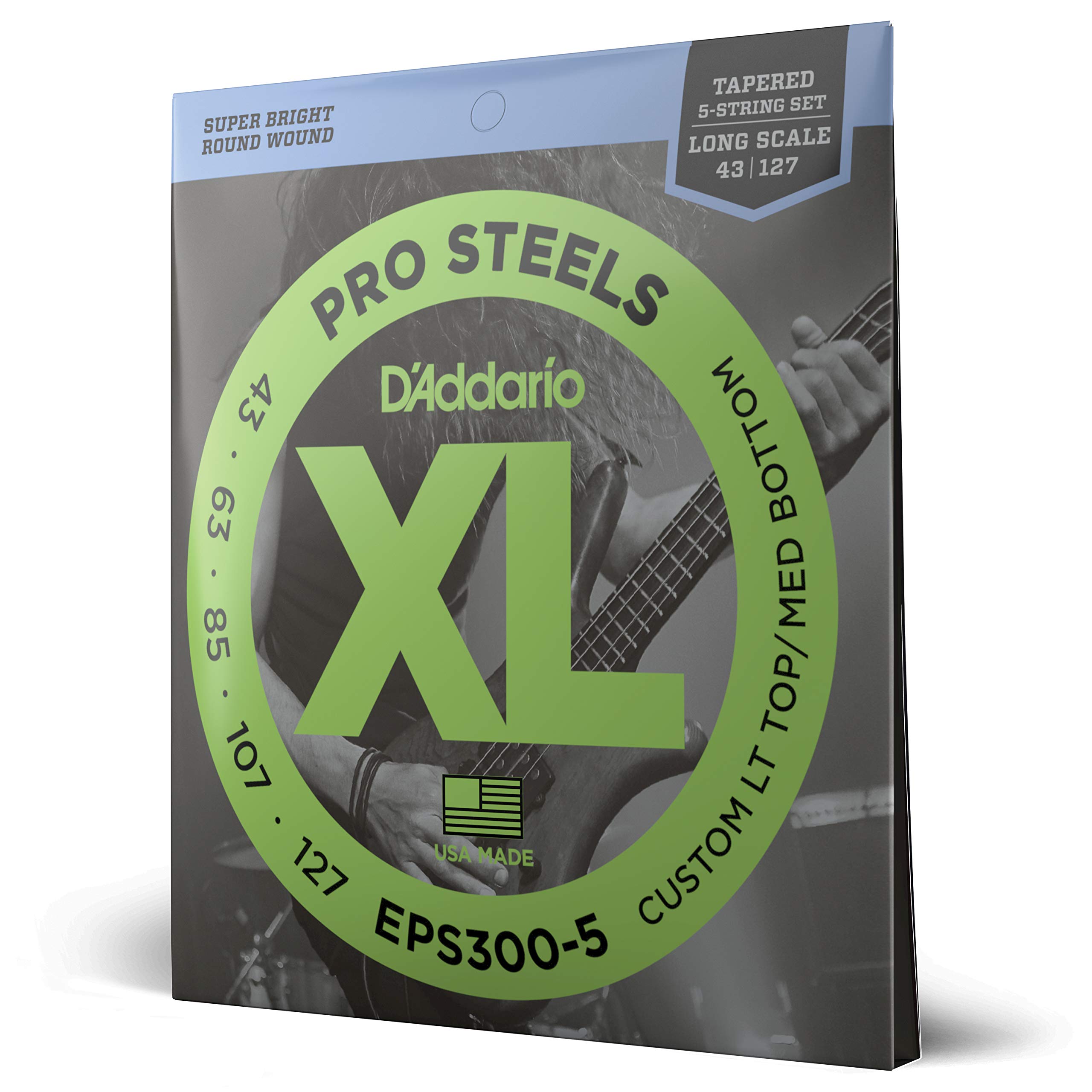 D'Addario XL Pro Steels EPS300-5 Bass Guitar Strings - Long Scale, Custom Light Top/Medium Bottom Gauge 43-127, Tapered, 5-String Set (Pack of 1) - Perfect for Rock, Metal & Studio Recording