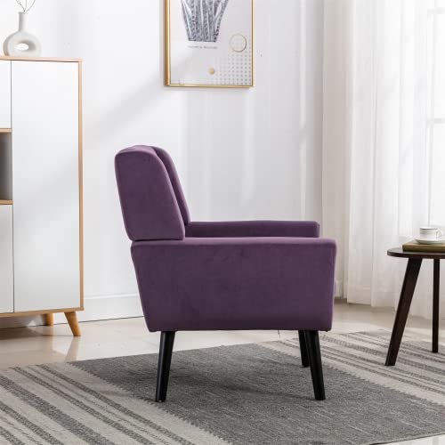 Mid-Century Modern Accent Chair - Upholstered Ergonomic Armchair with Wooden Legs for Living Room, Bedroom & Apartment | Comfortable Reading & Lounge Chair in Purple | Perfect for Coffee Nooks, Study Areas & Relaxation Spaces