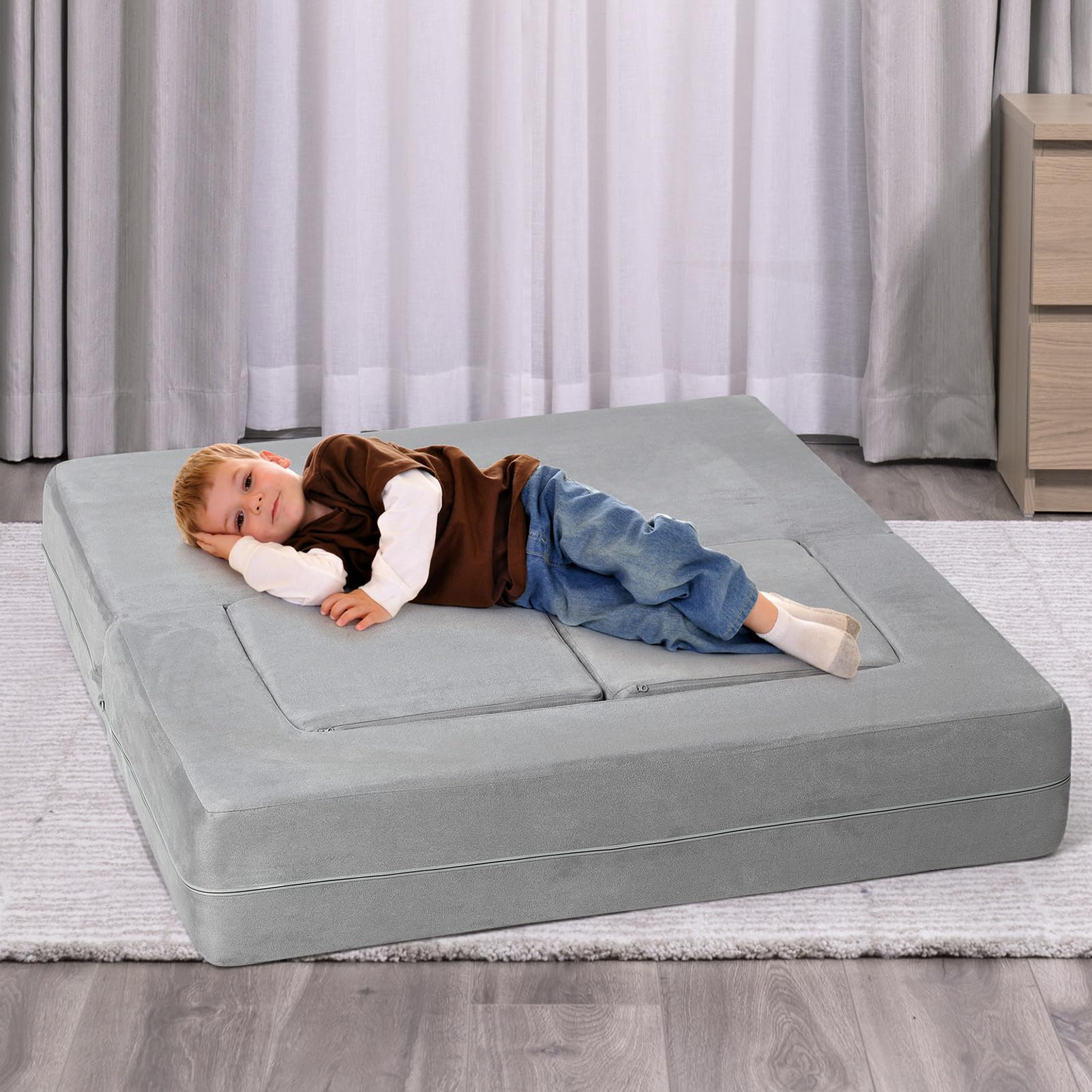 Modular Kids Couch for Toddlers - Convertible Playroom & Bedroom Furniture for Boys & Girls - Soft Grey Children's Sofa for Playing, Napping & Imaginative Play - Perfect for Daycare, Preschool & Home Play Areas