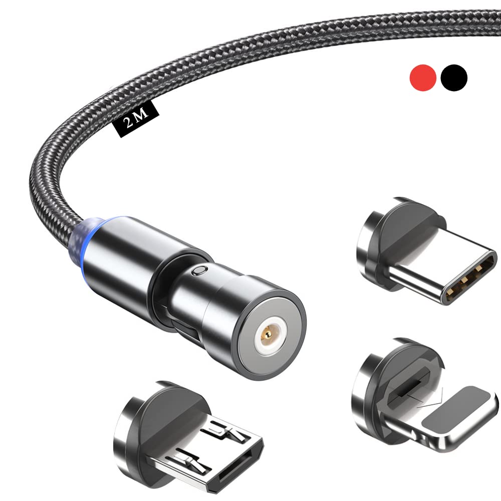 3-in-1 Magnetic Charging Cable with 360° Rotation | Fast 2.4A Nylon Braided USB Cable Compatible with Micro USB, Type C & Lightning | Perfect for Phones, Tablets & Smart Devices | Ideal for Home, Office & Travel Use (2M)