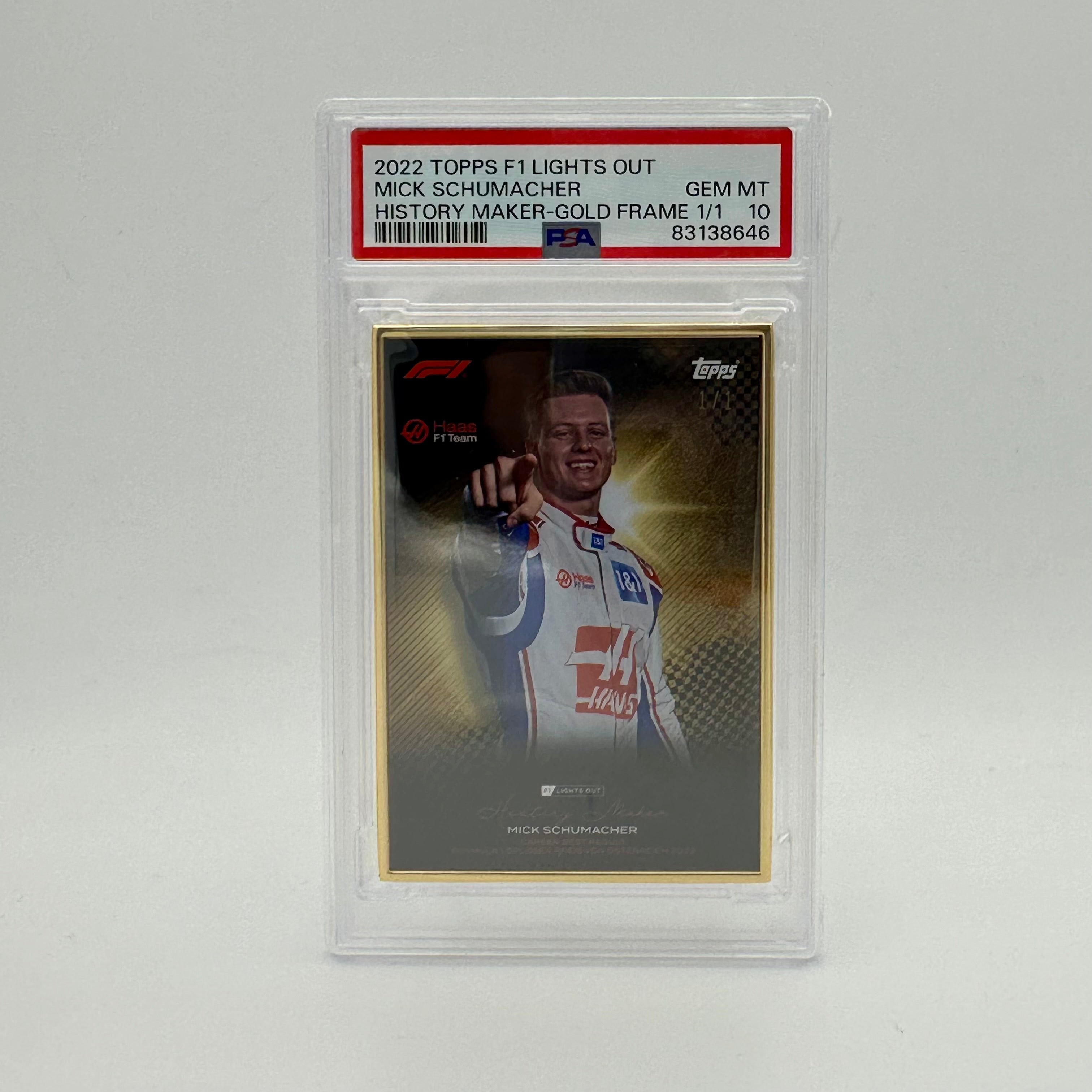1/1 Gold Frame Mick Schumacher History Maker 2022 Lights Out PSA 10 - Rare Collectible Trading Card for F1 Fans and Sports Memorabilia Collectors
