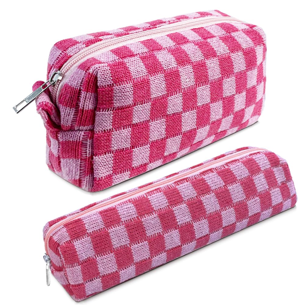 2 Pack Small Makeup Bags - Checkered Cosmetic Pouch & Makeup Brush Organizer | Cute Mini Travel Toiletry Bag for Women | Perfect for Purse, Gym, Vacation & Daily Essentials Storage | Aesthetic Accessories Case