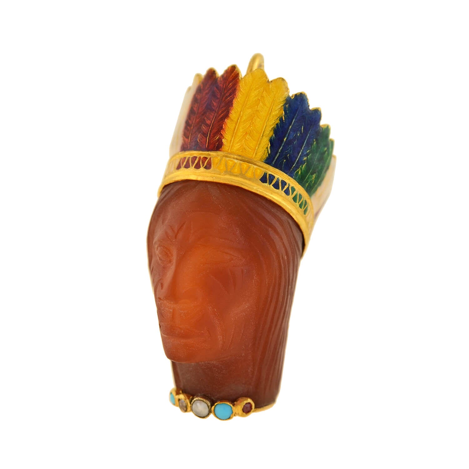 18kt Gold Edwardian French Style Native American Chief Pendant with Carnelian, Enamel & Gemstones - Vintage Jewelry for Collectors & Western Fashion Lovers