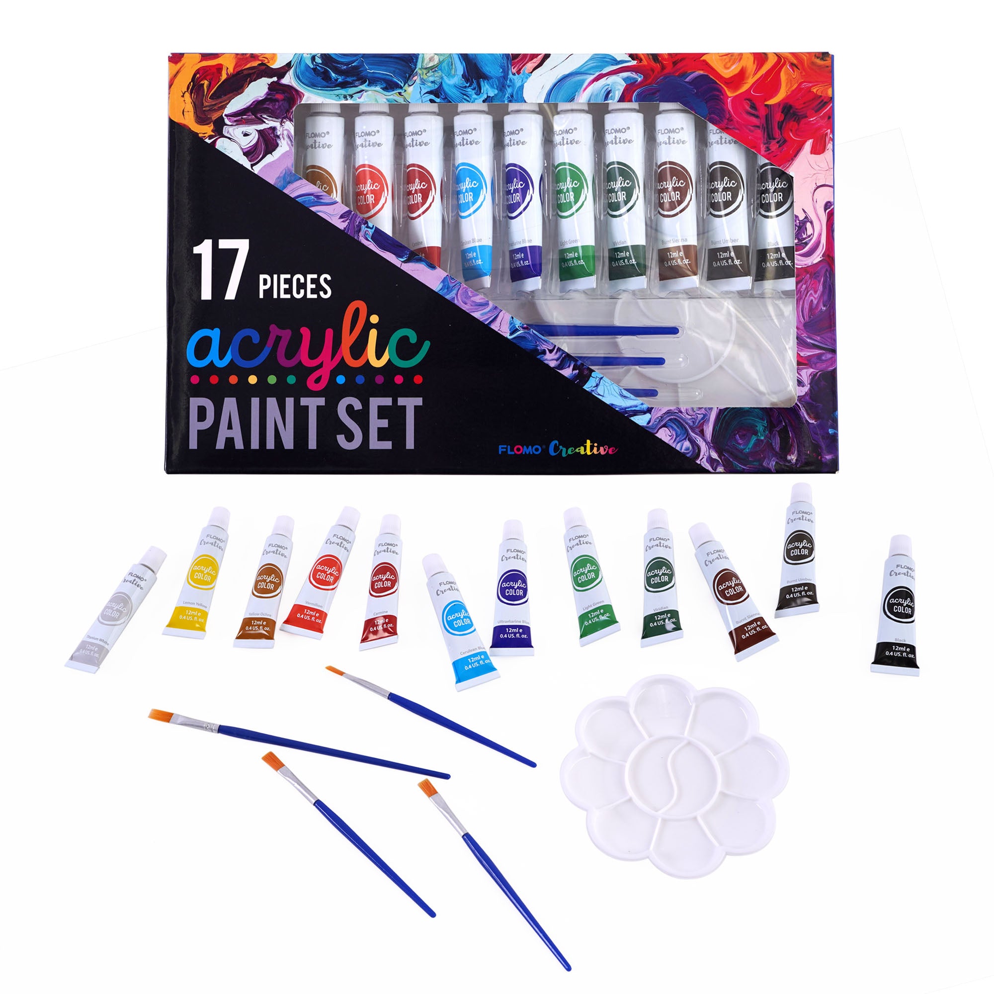 17-Piece Acrylic Paint Set with Brushes & Palette - Professional Artist Kit for Canvas Painting, DIY Crafts & Home Decor Projects