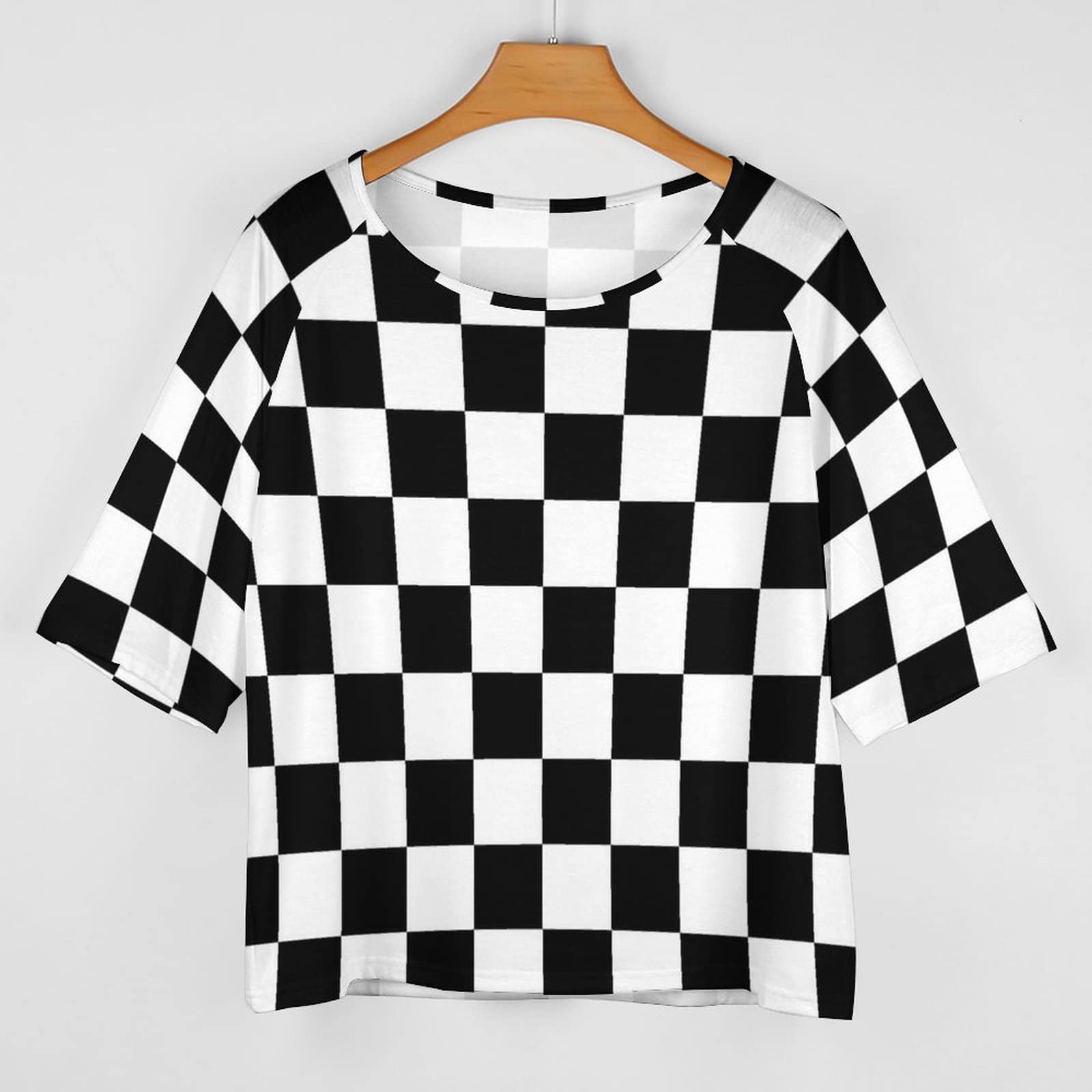 Sexy Black & White Checkered Flag Off-Shoulder T-Shirt for Women - Casual Short Sleeve Top for Racing Events, Concerts & Summer Outfits