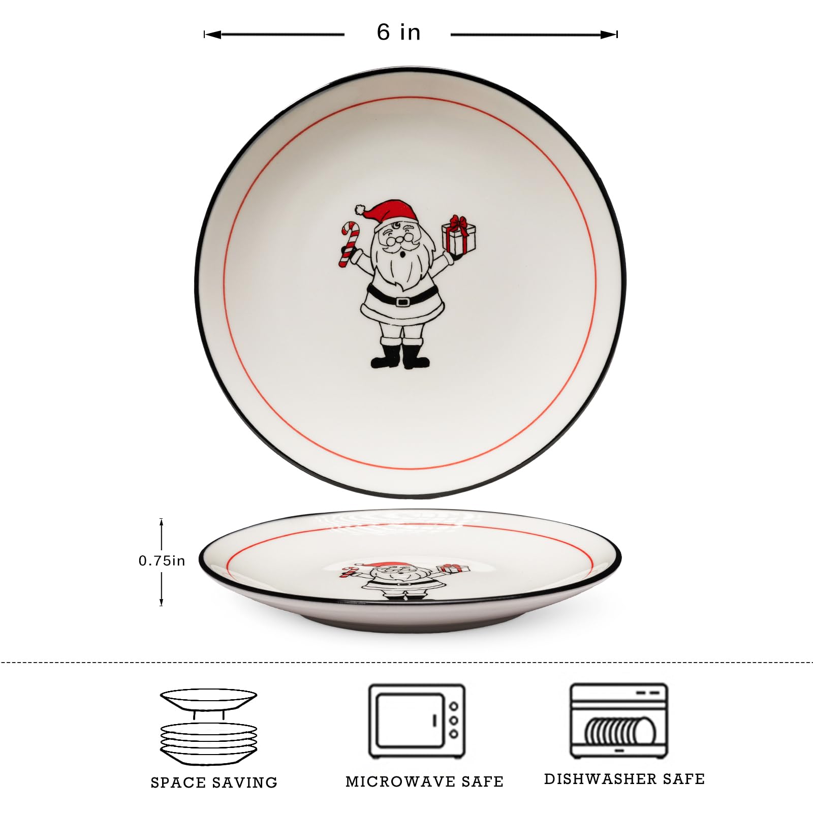 LEHAHA 6 Inch Ceramic Christmas Plates, Set of 6 Porcelain Holiday Appetizer Dishes - Round Dessert Plates for Cake, Snacks & Party Serving - Dishwasher & Microwave Safe - Perfect for Christmas Dinner, Holiday Gatherings & Home Decor