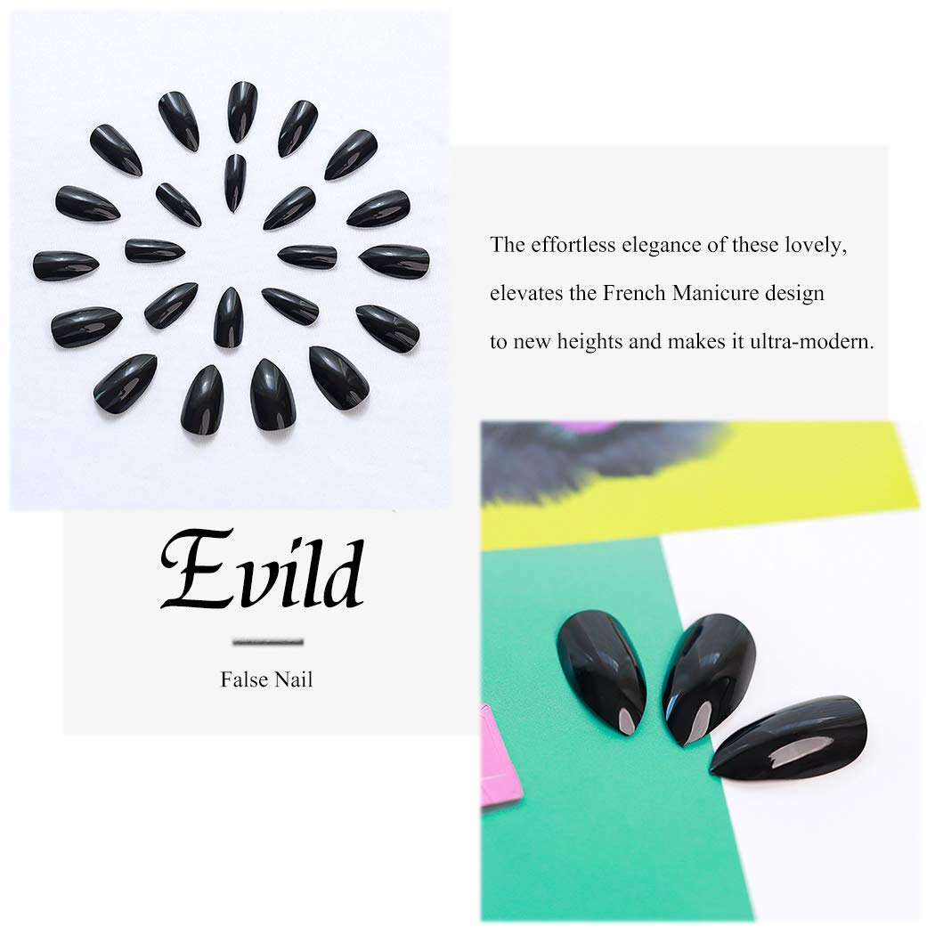 Evil Black Press-On Nails - Medium Almond Fake Stiletto Acrylic Nails for Women & Girls | Solid Color False Nails for Parties, Weddings & Special Occasions