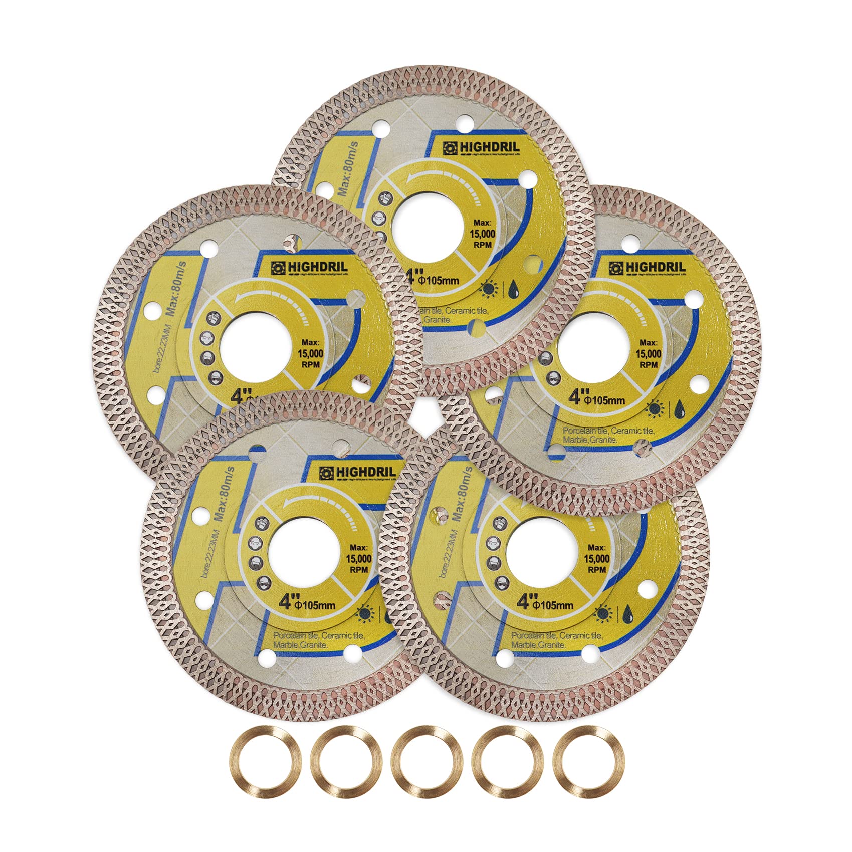 HIGHDRIL 4 Inch Diamond Saw Blade Set - 5 Pack Turbo X Mesh Diamond Tile Cutting Disc for Porcelain, Ceramic, Granite & Marble (Wet/Dry Use) - Perfect for Home Renovation, DIY Projects & Professional Tile Installation