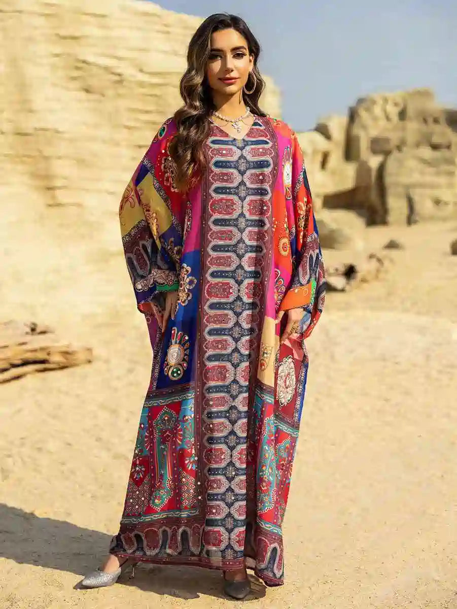 Hotfix Rhinestone Chiffon Printed Caftan Kaftan Dress - Elegant Party Wear for Eid, Wedding, Bridal Shower & Special Occasions | Style #25466