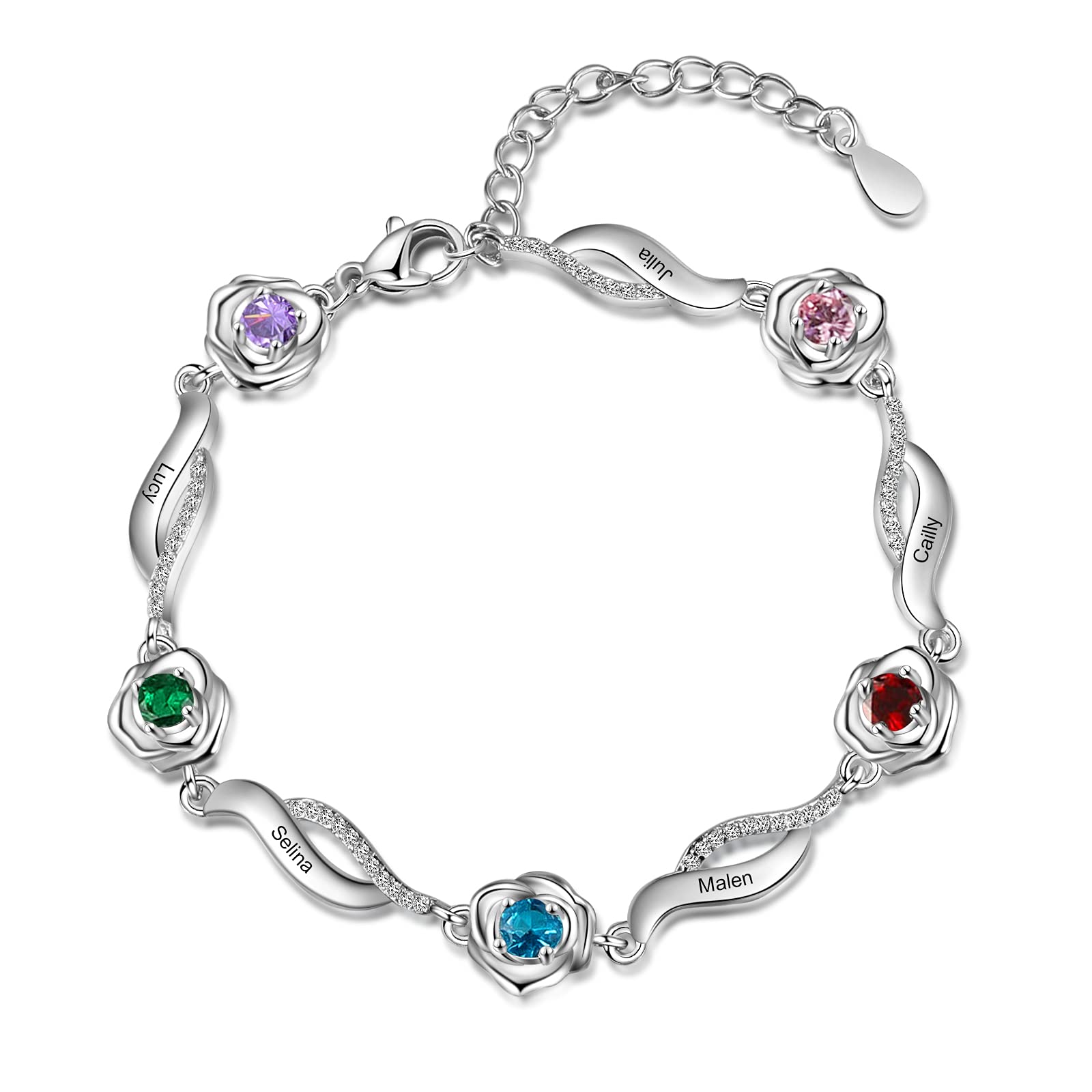 Personalized Rose Link Bracelet for Women with 1-5 Birthstones - Custom Name BFF Friendship Sisters Jewelry - Mother Daughter Matching Bracelet Gift for Birthday, Anniversary & Family Occasions | Perfect for Valentine's Day, Mother's Day & Special Moments