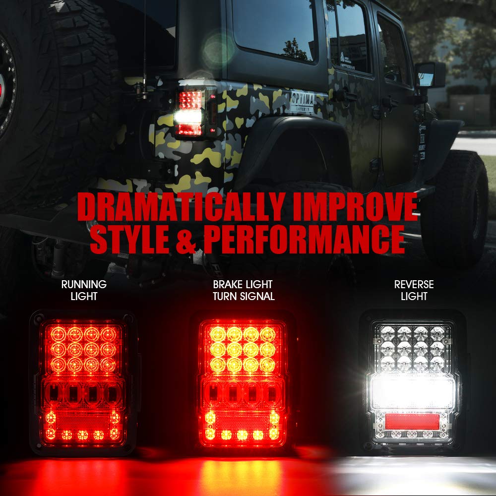 Xprite LED Tail Lights for Jeep Wrangler JK JKU Rubicon Sahara Sport 2007-2018 - DOT Approved 4D Clear Lens Brake Turn Signal & Reverse Lights with Accessories - Perfect for Off-Roading, Night Driving & Custom Jeep Upgrades