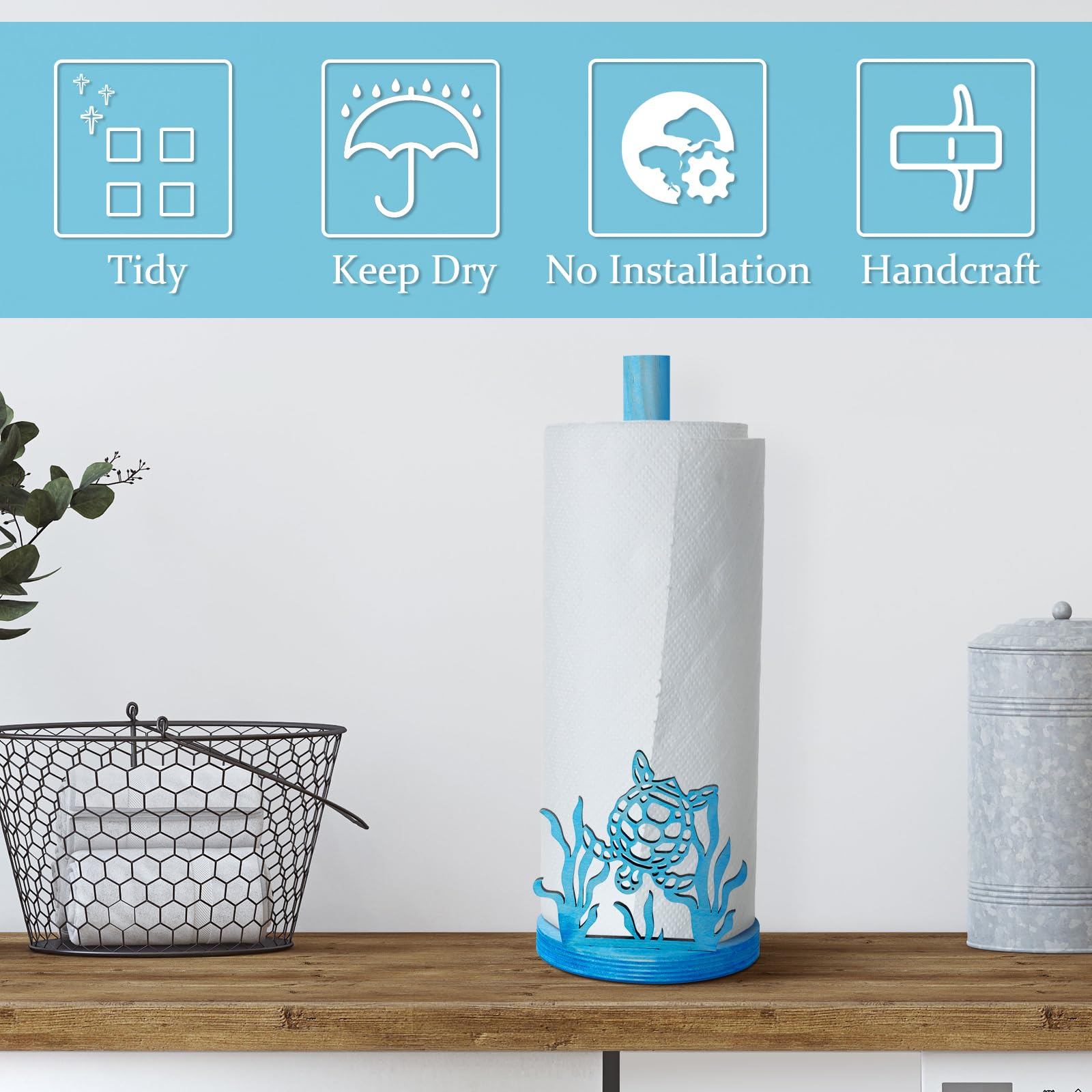 Remerry Blue Wooden Sea Turtle Paper Towel Holder - Underwater Scenery Nautical Theme Kitchen & Bathroom Accessories - Perfect for Coastal Decor, Beach House, and Farmhouse Table Decoration