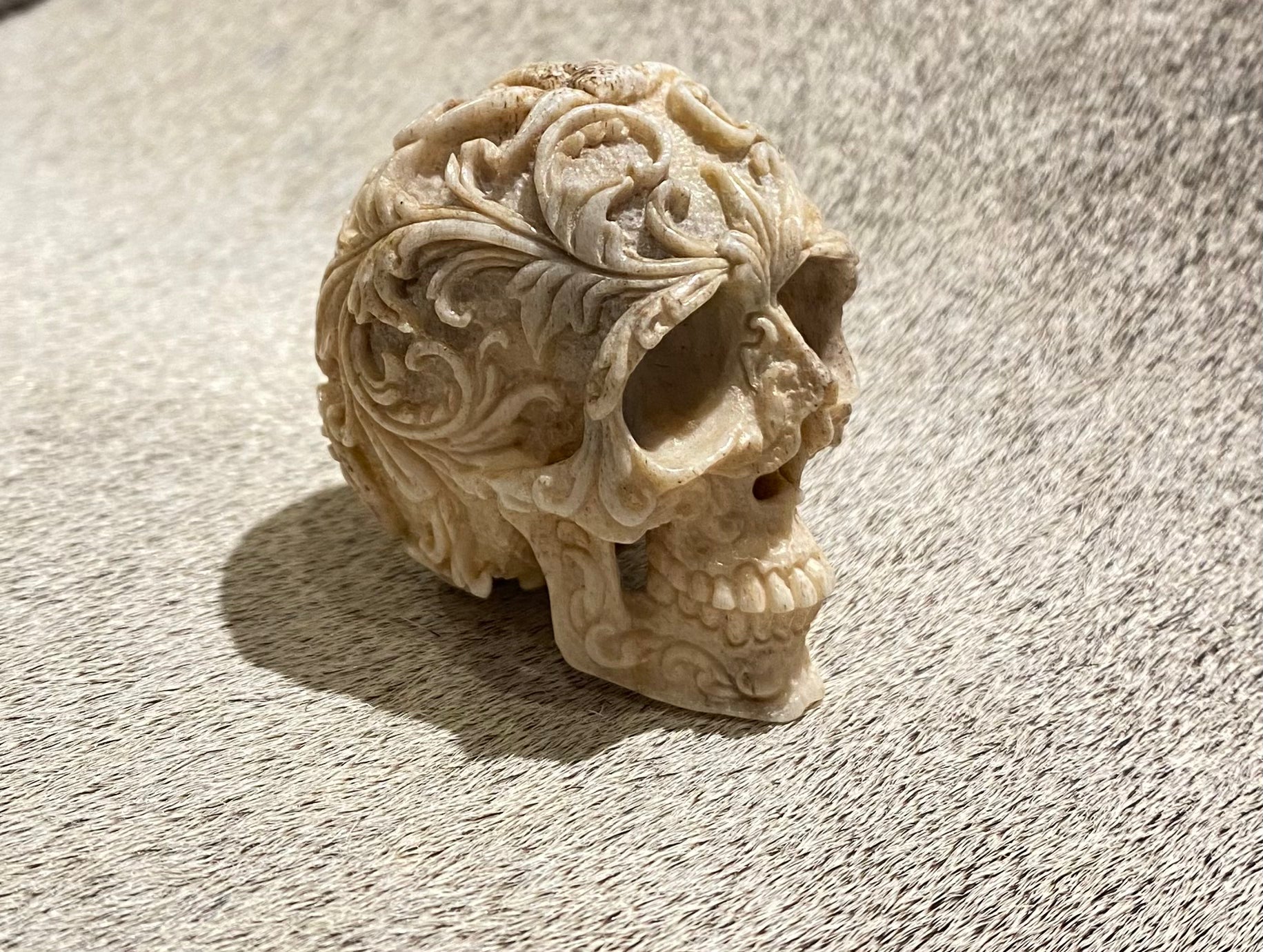 Floral Carved Skull Ivory Decor - Gothic Home Decor, Unique Handmade Skull Sculpture for Halloween, Gothic Wedding & Dark Aesthetic Room Decor