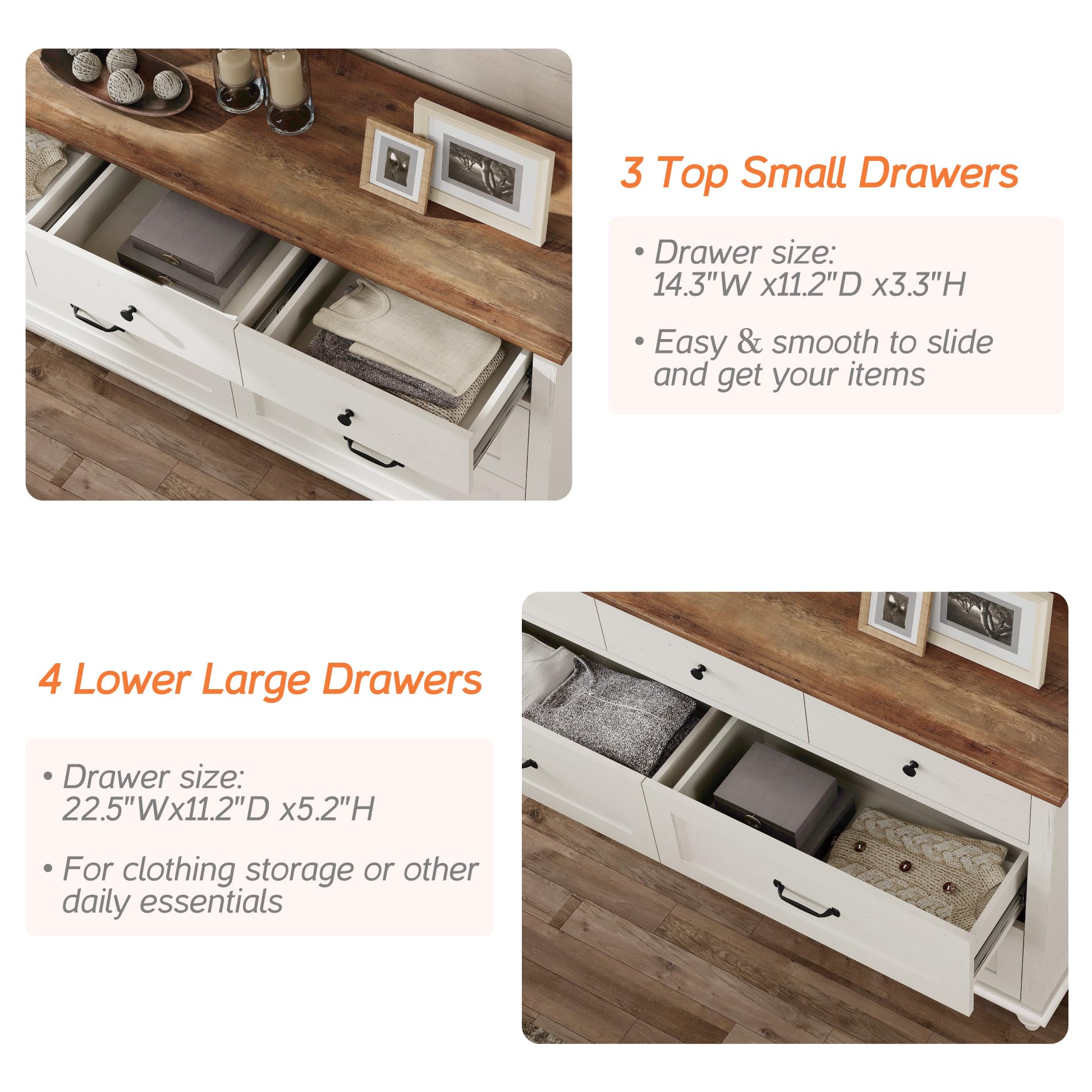 WAMPAT 7-Drawer Kids Dresser for Nursery & Bedroom - White Mid Century Modern Baby Dresser Organizer, 54 Inch Wide Distressed Chest for Children's Room Storage - Perfect for Clothes, Toys & Nursery Organization