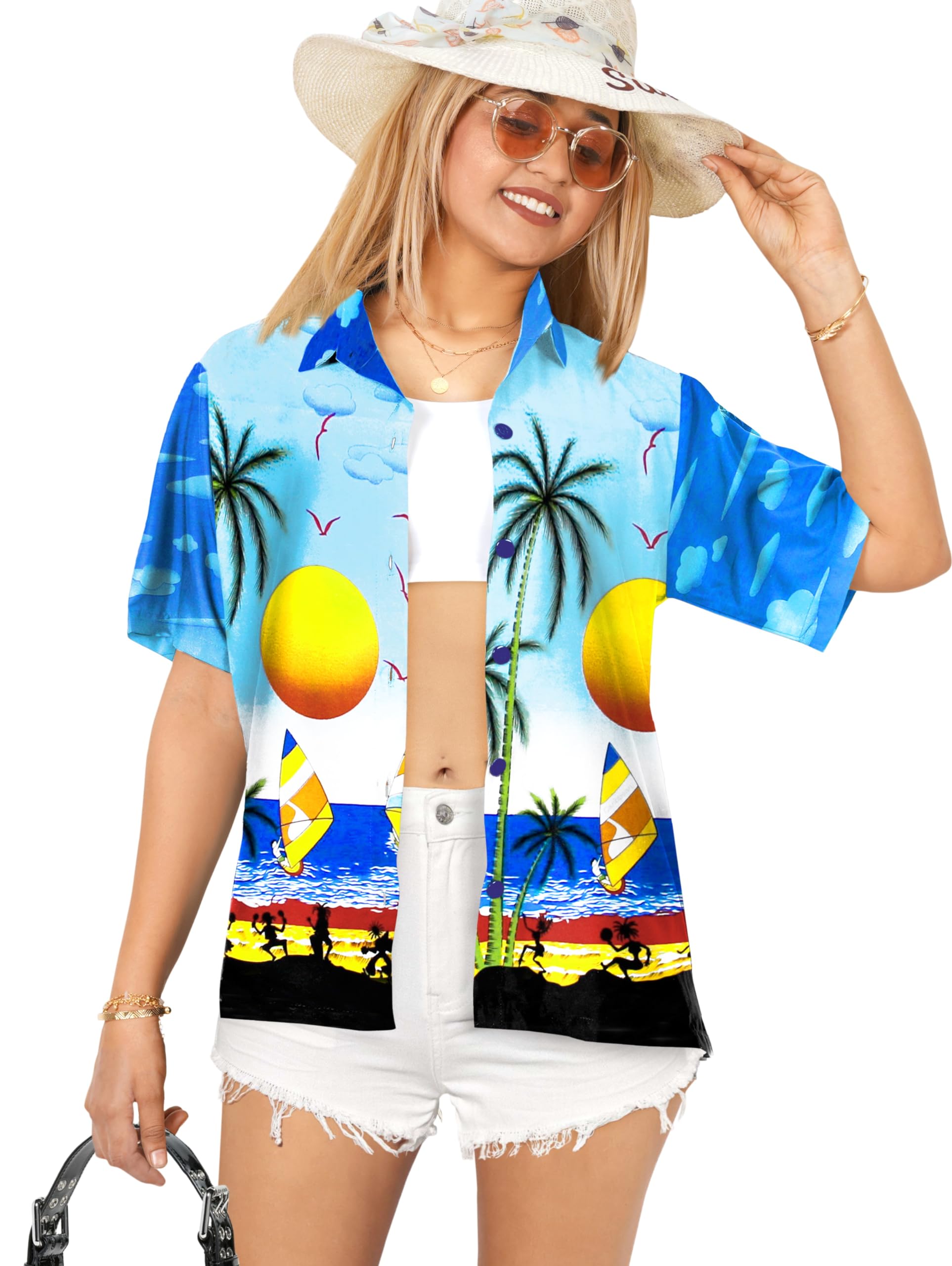 LA LEELA Women's Short Sleeve Hawaiian Beach Blouse - Floral Print Vacation Shirt for Summer, Pool Party & Tropical Getaways