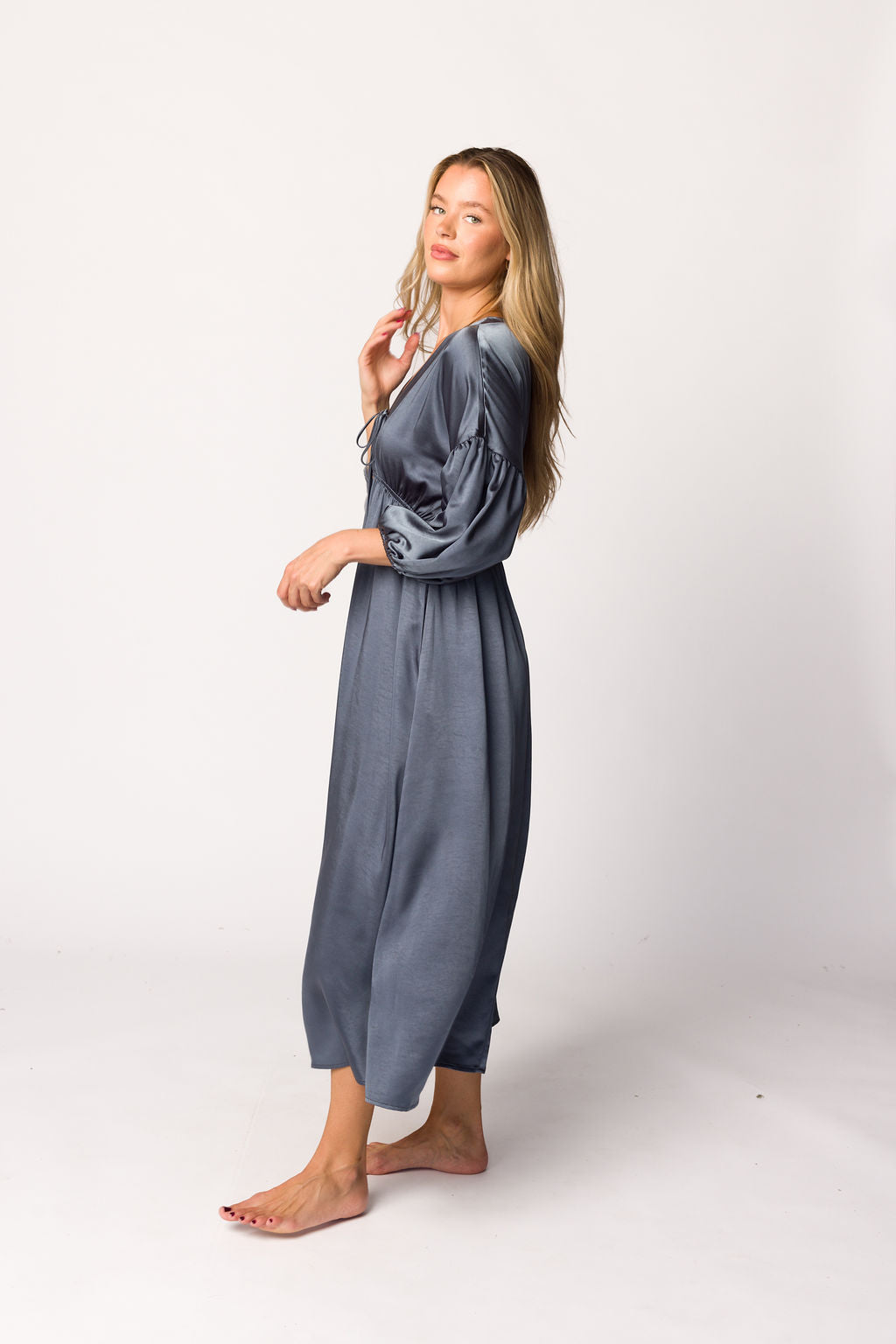 Hunter Premium Satin Midi Dress in Blue Granite - Bump Friendly Maternity Dress for Women | Elegant & Comfortable for Pregnancy, Baby Showers, Weddings & Special Occasions