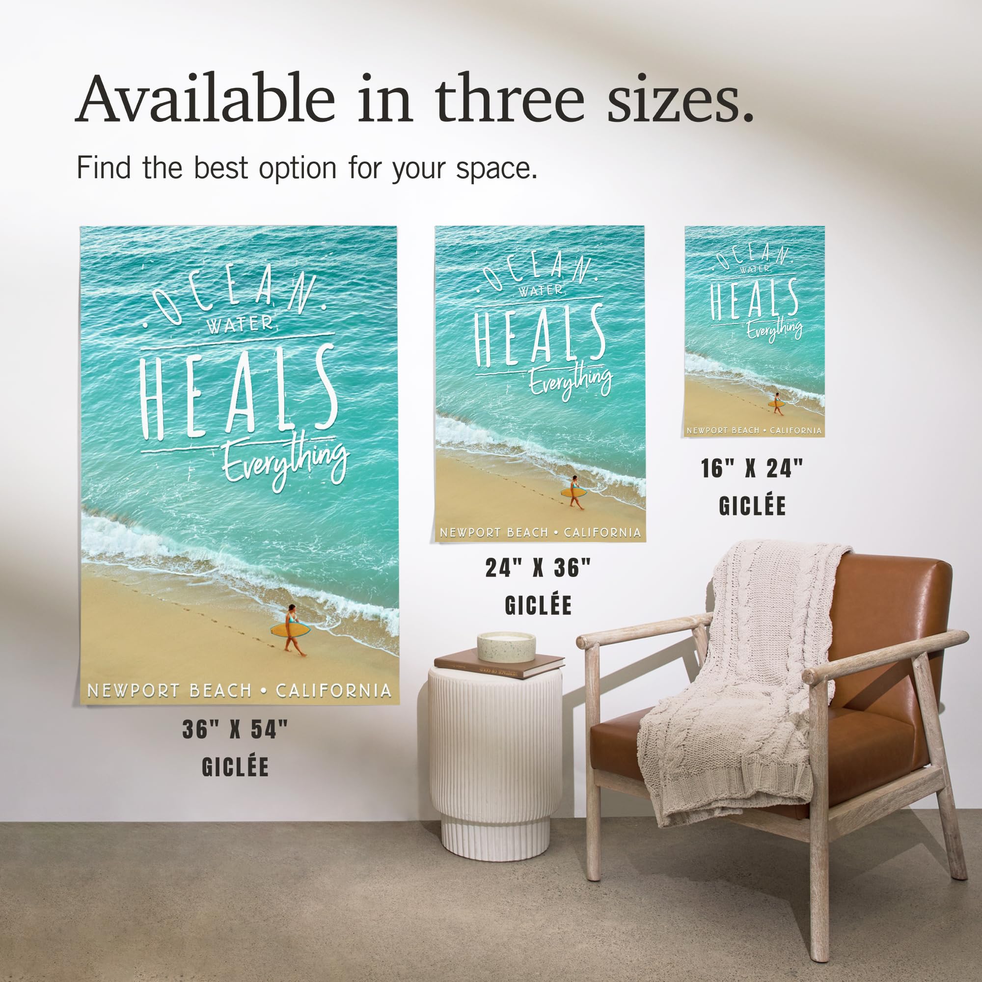 Lantern Press 36x54 Inch Giclee Art Print - Newport Beach California Coastal Wall Decor with Surfer Walking on Beach - Ocean Water Heals Everything - Perfect for Living Room, Bedroom or Office Wall Art