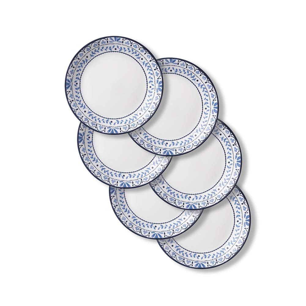 Corelle Vitrelle 9-Inch Salad Plates Set - 6-Piece Triple Layer Glass, Chip Resistant, Lightweight Round Dinner Plates in Portofino & Caspian Patterns - Perfect for Everyday Meals, Dinner Parties, and Outdoor Dining