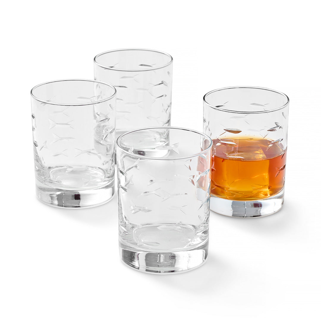 Premium School of Fish Double Old Fashioned Glasses Set of 4 - Elegant Whiskey & Cocktail Drinking Glasses for Home Bar, Dinner Parties & Gifts