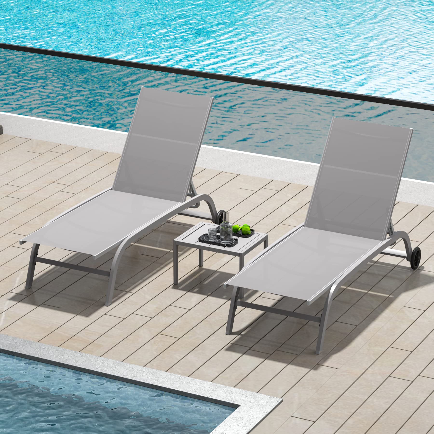 **Domi 3-Piece Outdoor Chaise Lounge Set with Wheels - Adjustable 5-Position Poolside Chairs for Patio, Beach, Yard & Deck - Grey - Perfect for Relaxing by the Pool, Sunbathing or Backyard Lounging**