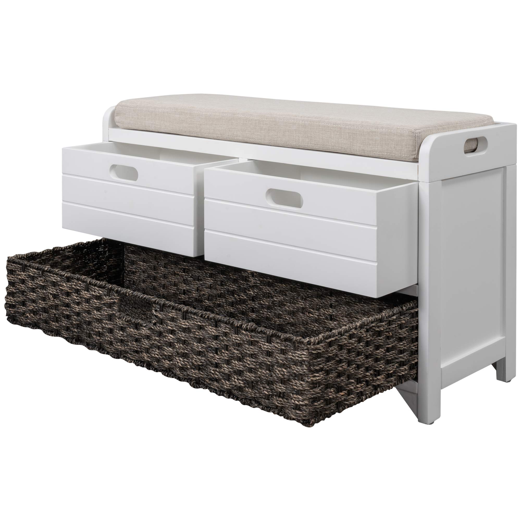 P PURLOVE White Entryway Storage Bench with 2 Drawers & Removable Basket - Shoe Bench with Cushion for Hallway, Living Room, Bedroom - Fully Assembled Organizer for Shoes, Hats & Home Decor (Perfect for Small Spaces & Entry Organization)