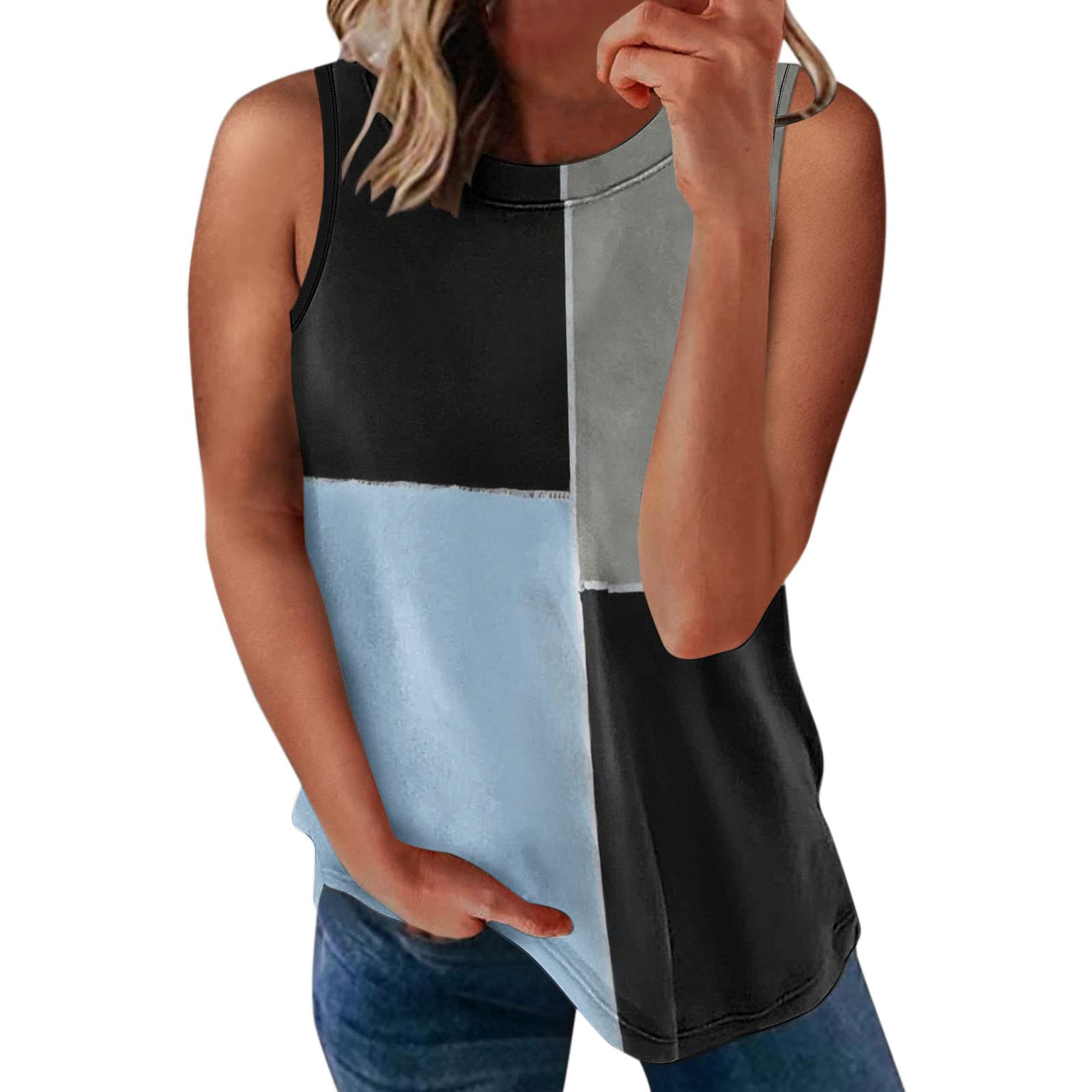 Women's Sleeveless Workout Tops - Scoop Neck Color Block Patchwork Shirt, Loose Fit Summer Blouse for Gym, Yoga & Casual Outings | Breathable Athletic & Going Out Tops