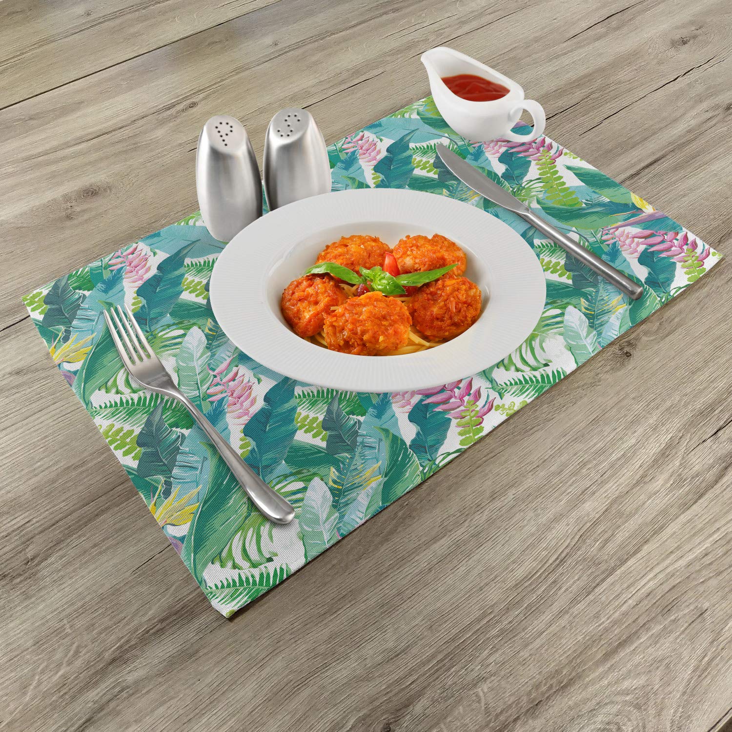 Ambesonne 4-Pack Leaf Print Place Mats - Tropical Plumeria Lilac Floral Design, Washable Fabric for Dining Table & Kitchen Decor in Pink, Blue, Yellow & Green | Perfect for Spring & Summer Parties, Indoor/Outdoor Entertaining