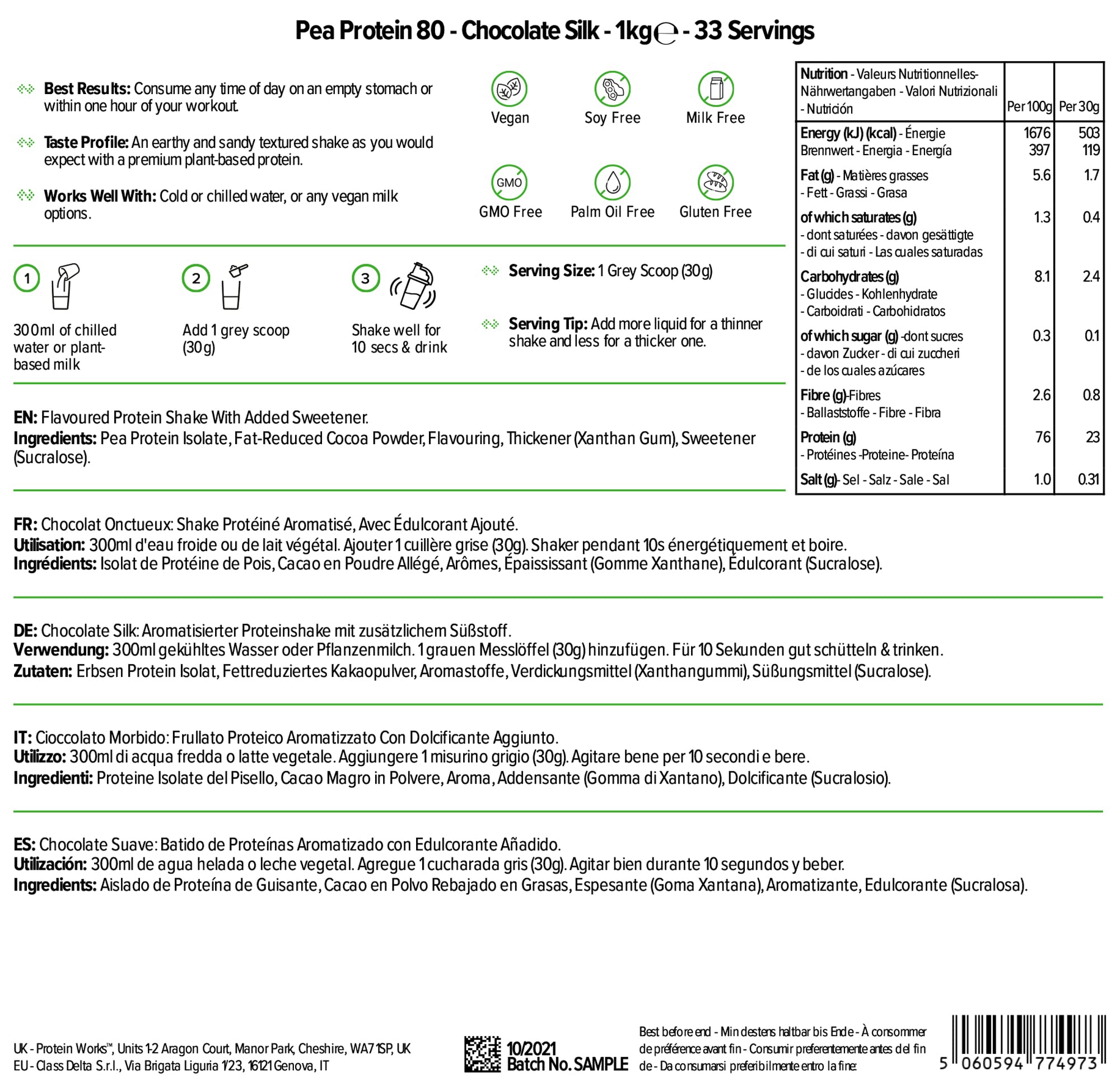 Protein Works - Pea Protein Isolate Powder | 100% Plant-Based Vegan Protein | Gluten Free, No Added Sugar | Chocolate Silk Flavor | 1kg (2.2lb) for Post-Workout Recovery & Smoothies