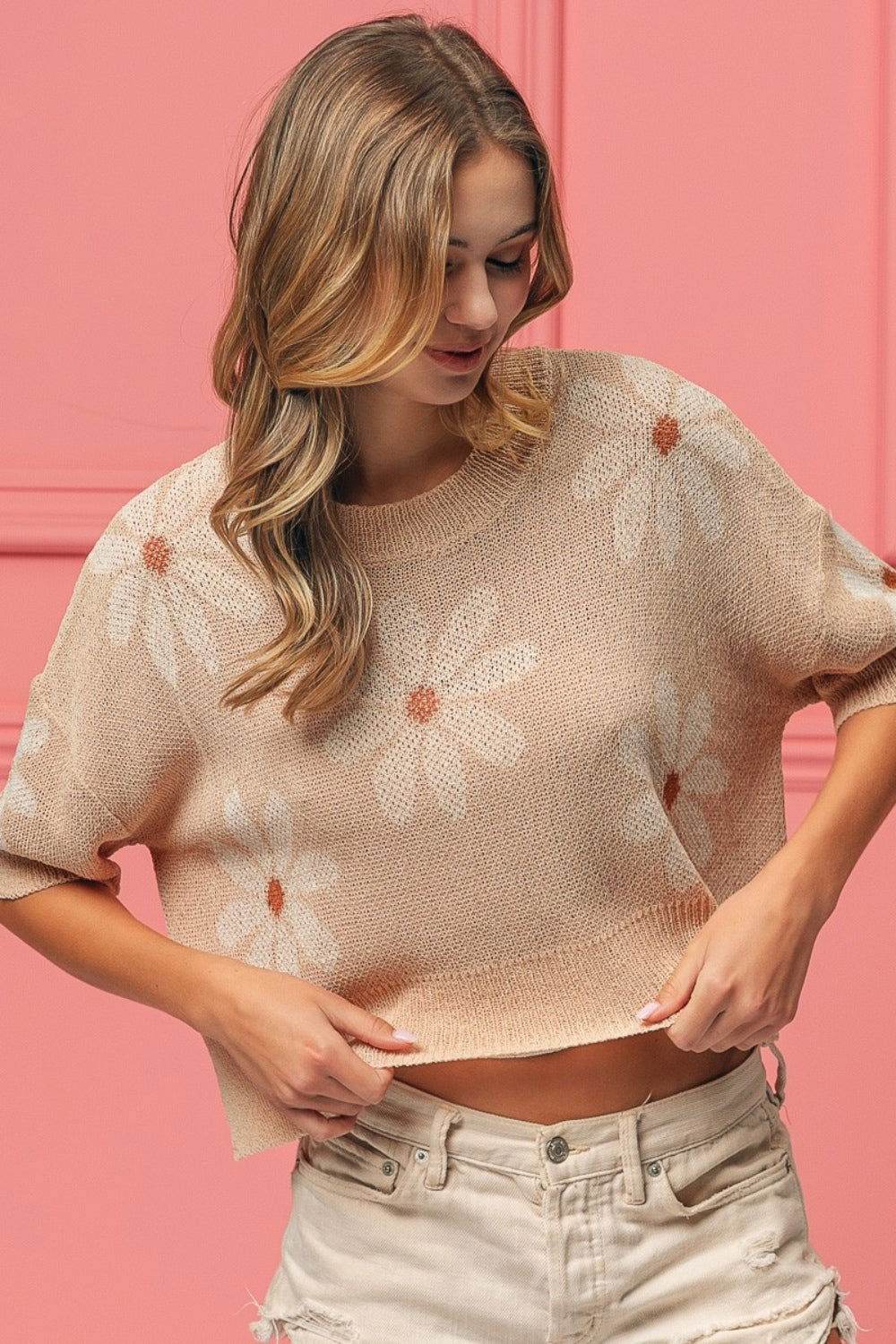 BiBi Floral Pattern Slit Sweater - Women's Chic Knit Top for Casual Outings & Date Nights | Perfect for Spring & Fall Fashion