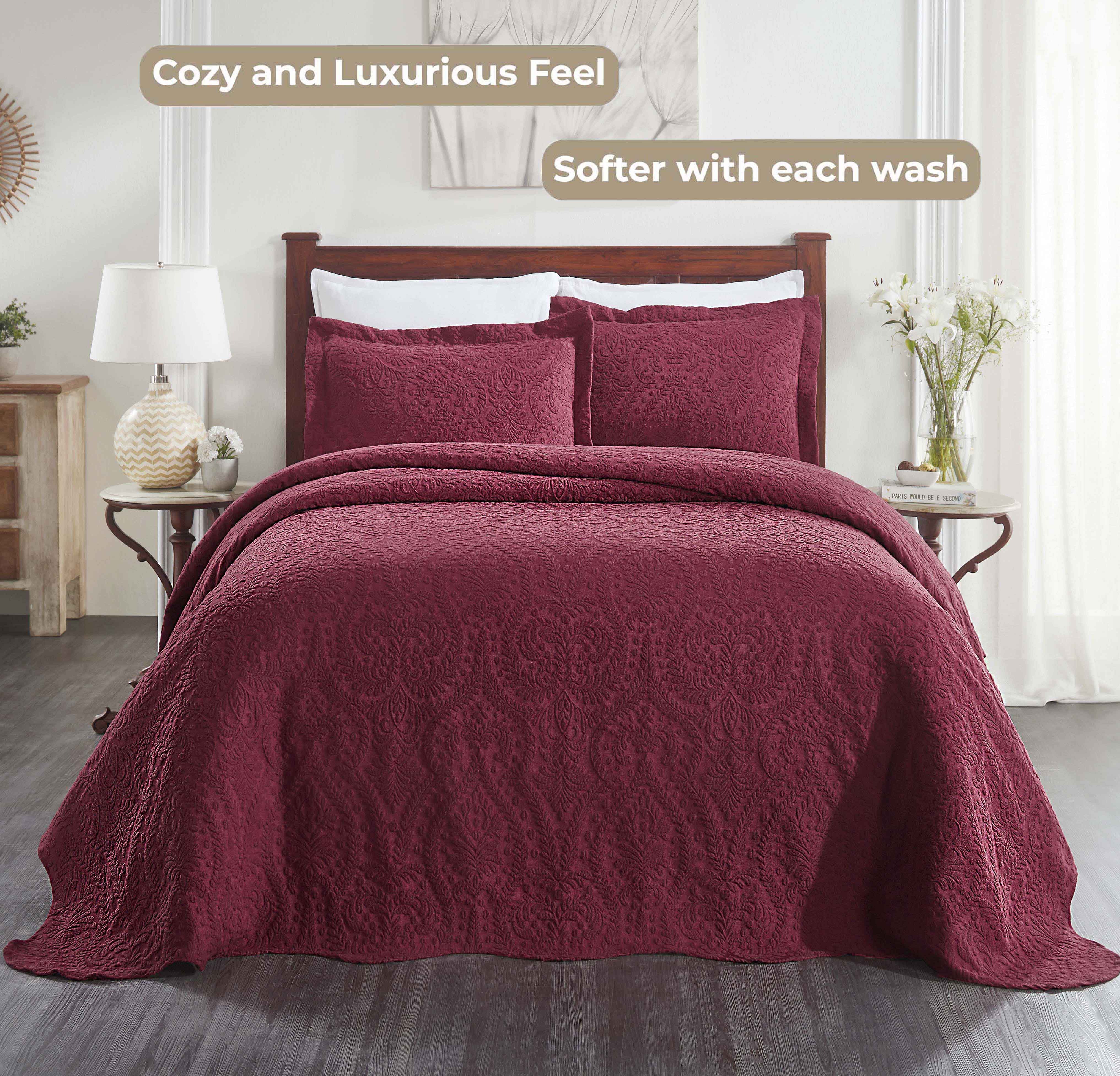 Premium Aspen Cotton Blend Jacquard Woven Floral Bedspread Set with Scalloped Edges - Queen Size Luxury Bedding for Master Bedroom & Guest Room Decor