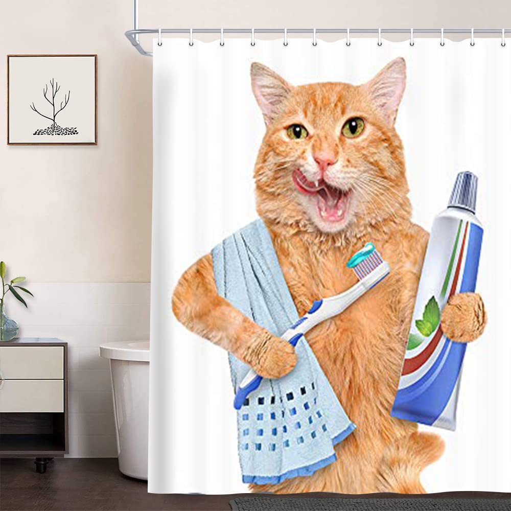 Funny Cat with Toothpaste on Toothbrush Shower Curtain - 69x75 Inches Polyester Bathroom Decor for Kids & Teens - Waterproof, Hooks Included - Perfect for Bathroom, Dorm, or Kids' Room Decor