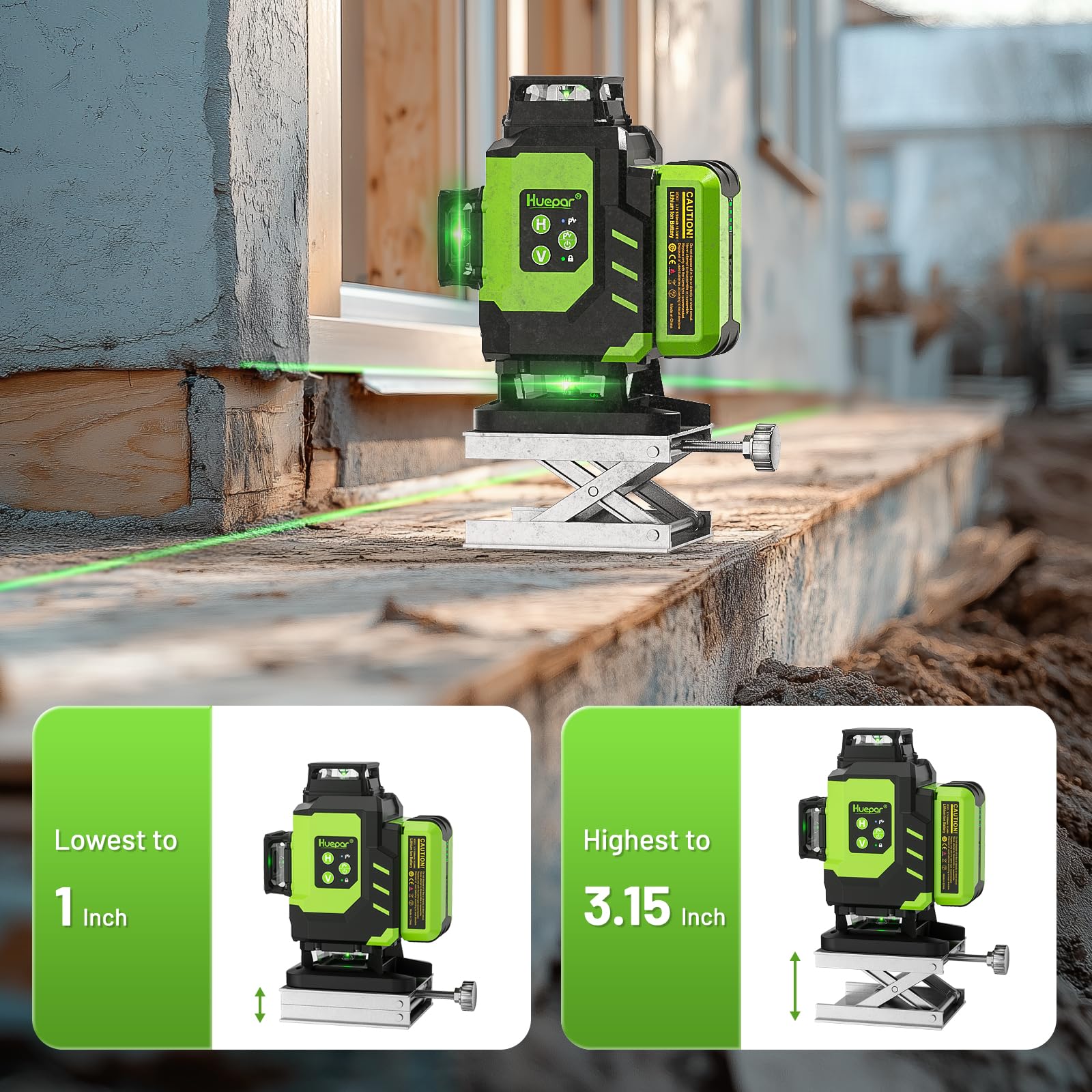 Huepar 4D Self-Leveling Green Beam Laser Level - 16 Lines Cross Line Tiling Tool with 2x360° Horizontal & Vertical Lasers, 2 Li-ion Batteries & Hard Case - Perfect for Flooring, Construction, and DIY Projects - LS04CG